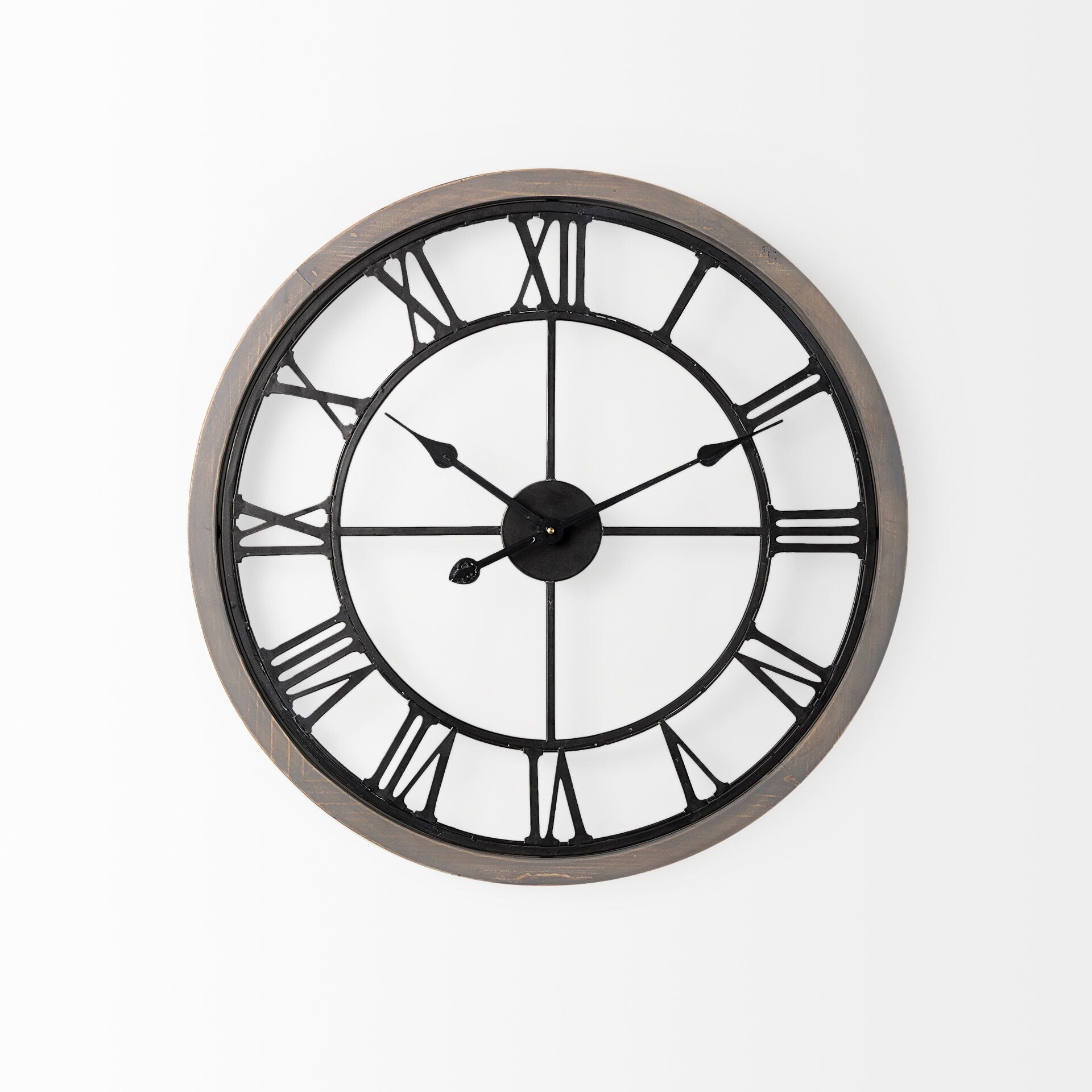 Mething Gray Wood and Black Metal 25 Round Wall Clock - 24.8W x 2D x 25H