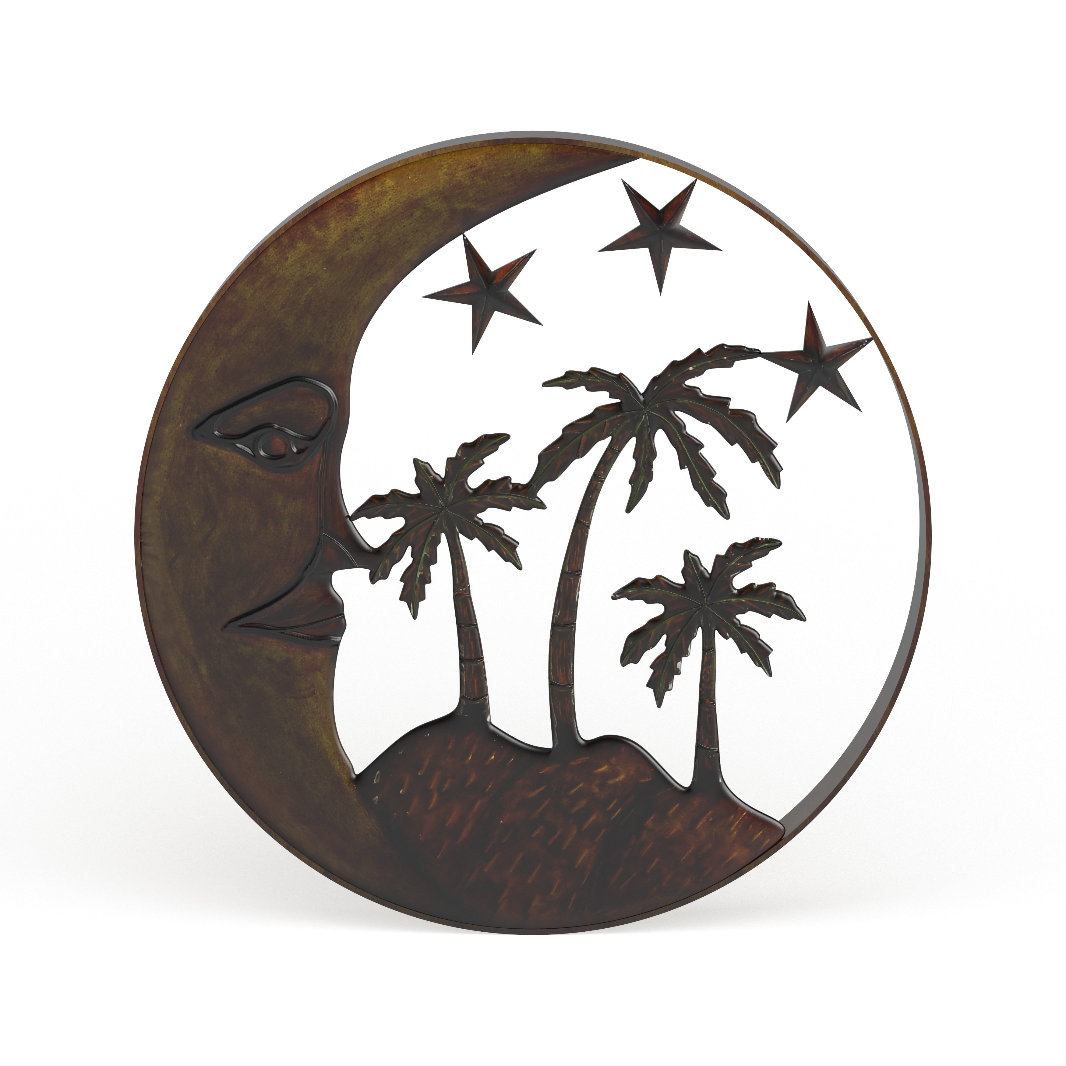 Copper Metal Indoor Outdoor Moon Home Wall Decor with Stars and Palm Tree