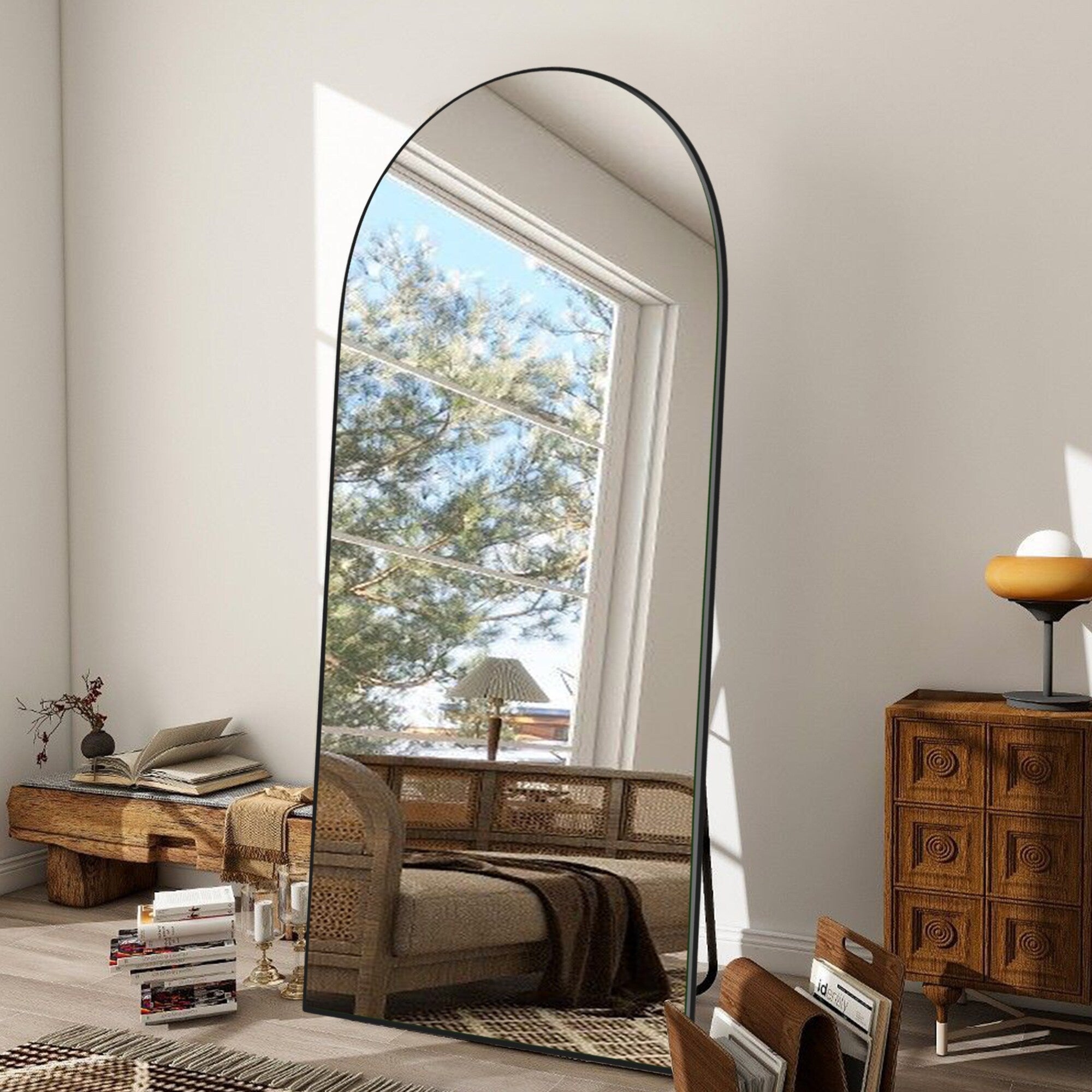 Modern Arched Full-Length Wood Floor Standing Mirror