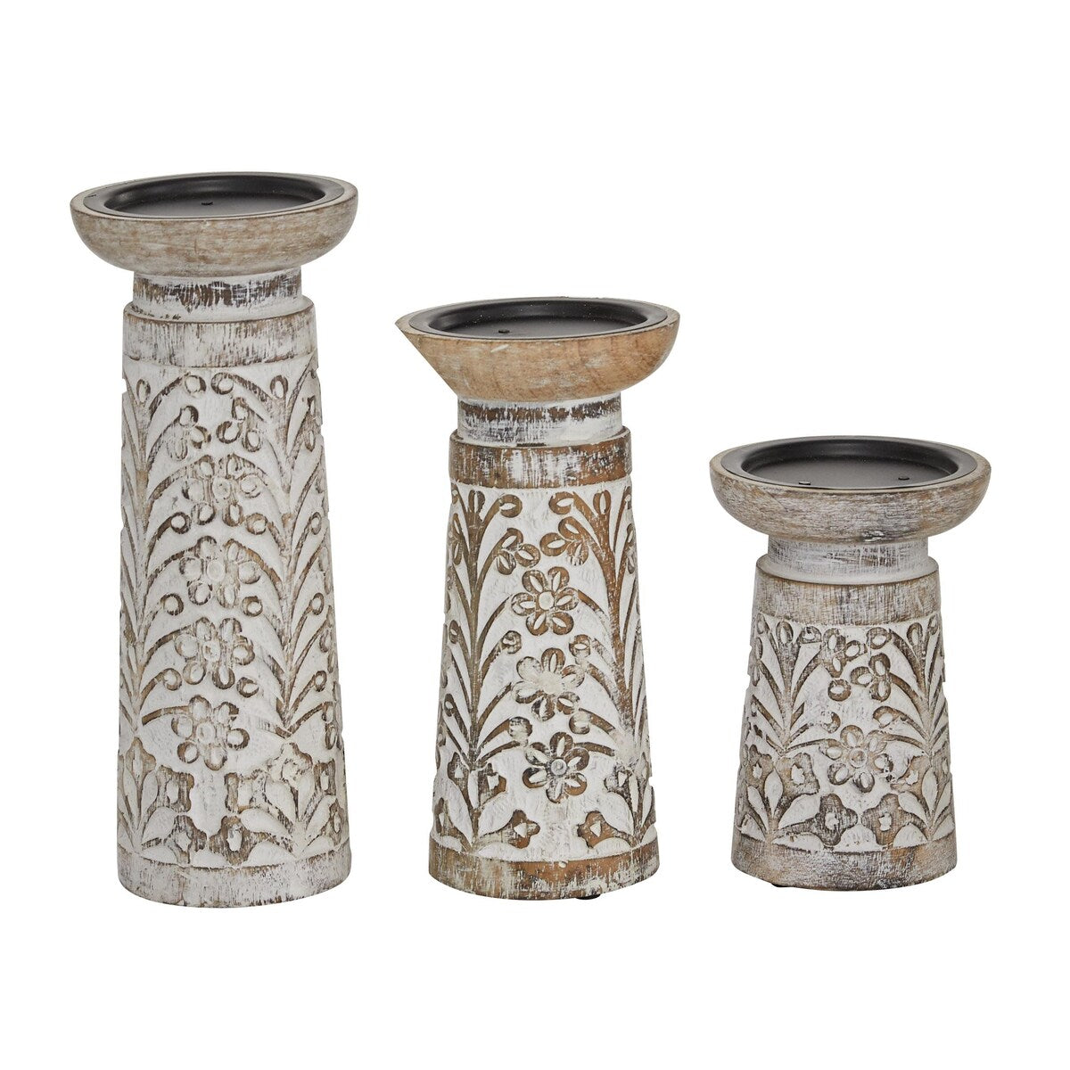 Mango Wood Handmade Carved Pillar Decorative Candle Holder - Set of 3 Light Brown or Brown - Roche River Decor