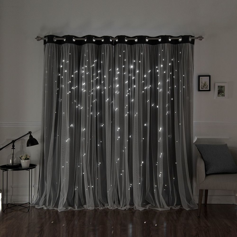 Aurora Home Star Punch Tulle Overlay Blackout Curtain Panel Pair