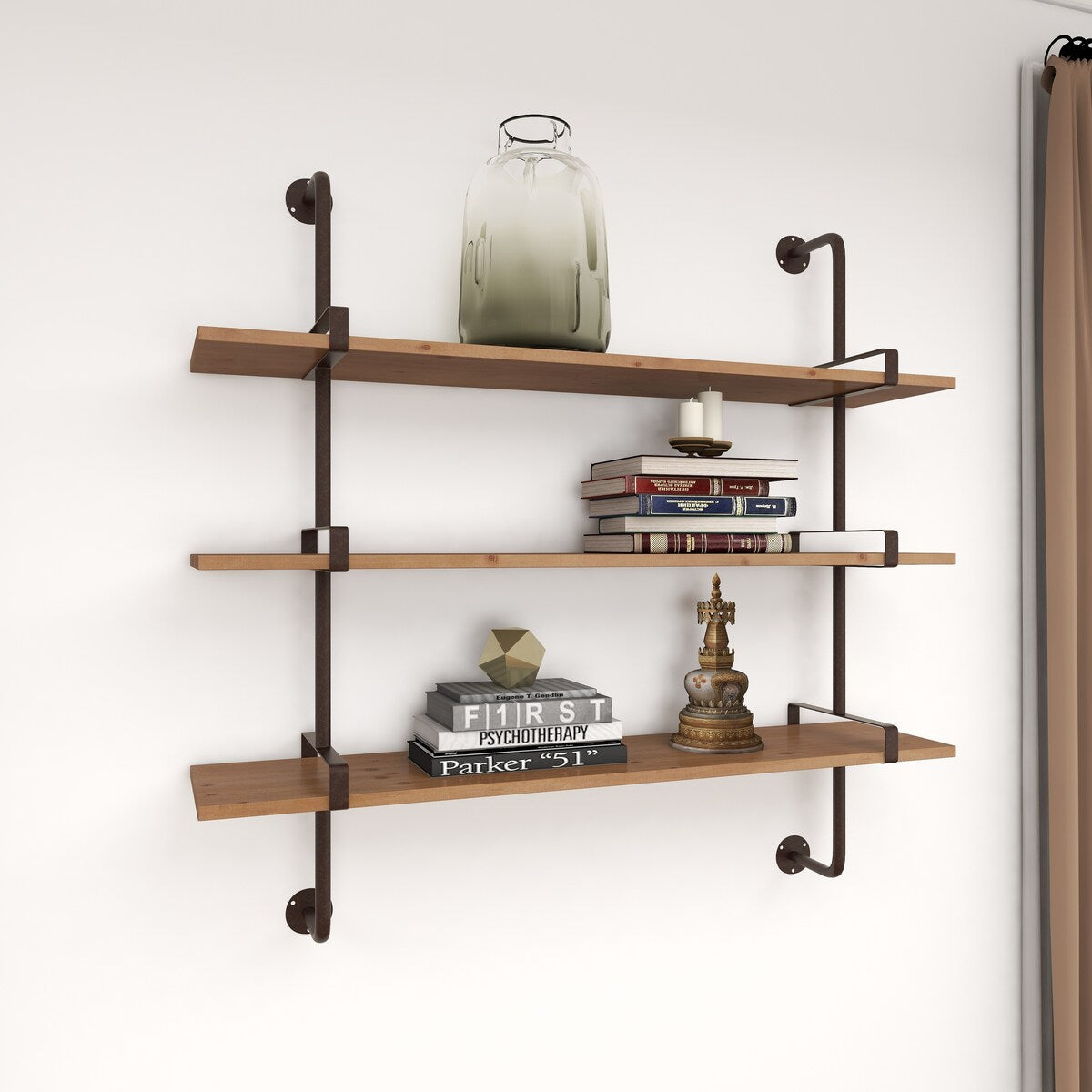 Wood 2 or 3 Level Wall Shelf with Black Metal Brackets - Brown or Gray - Roche River Decor