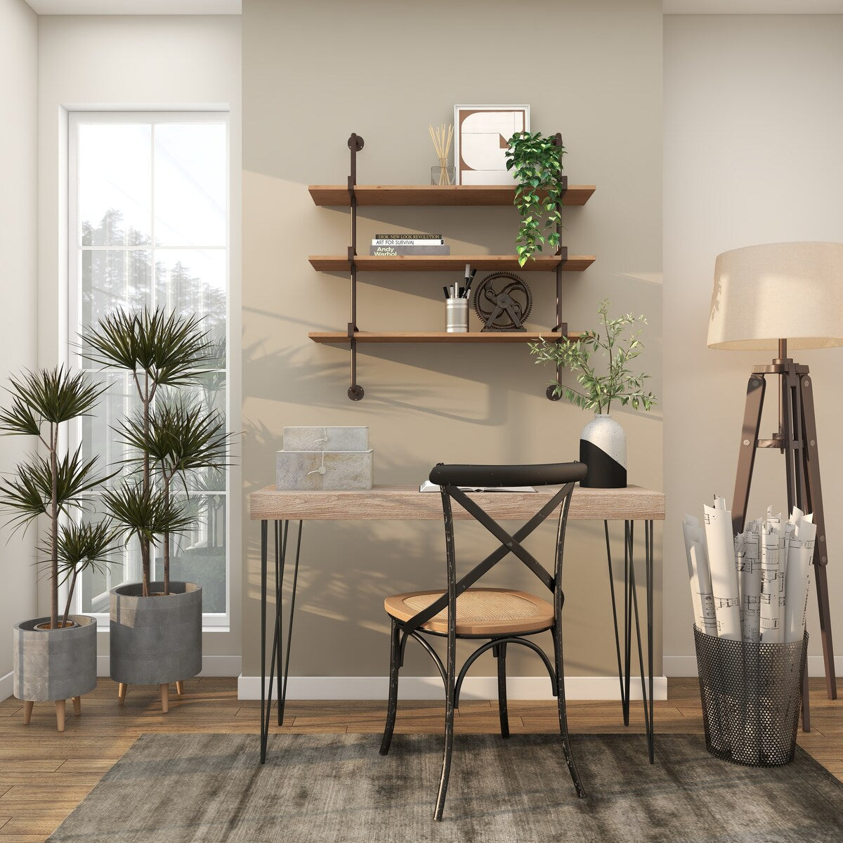 Wood 2 or 3 Level Wall Shelf with Black Metal Brackets - Brown or Gray - Roche River Decor