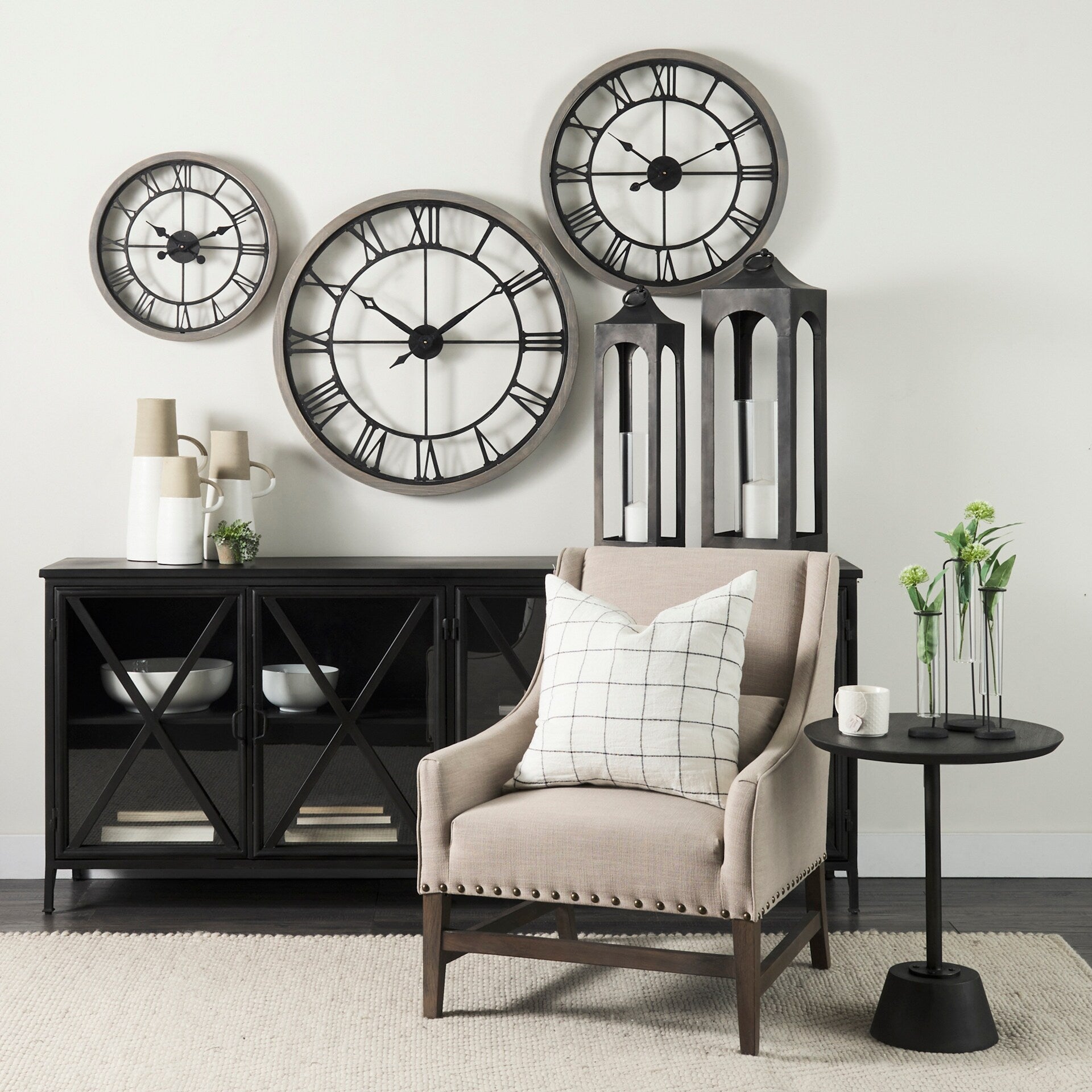 Mething Gray Wood and Black Metal 25 Round Wall Clock - 24.8W x 2D x 25H