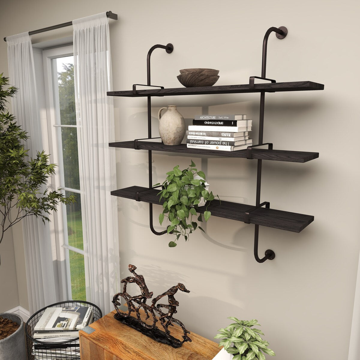 Wood 2 or 3 Level Wall Shelf with Black Metal Brackets - Brown or Gray - Roche River Decor