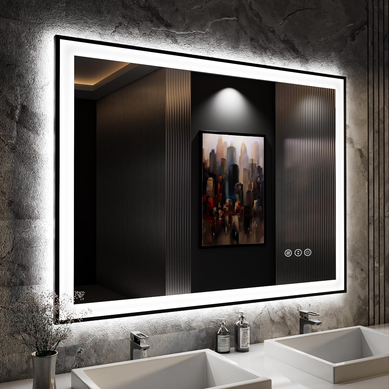 Apmir Metal Black Frame Back & Front LED Lighted Bathroom Vanity Mirror with Anti-Fog Tempered Glass