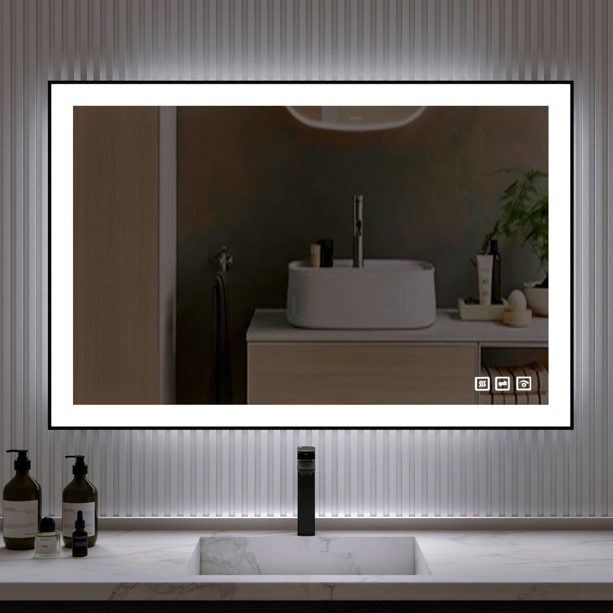 Organnice Rectangular Framed LED Anti-Fog Bathroom Wall Mirror in Black with Backlit and Front Light