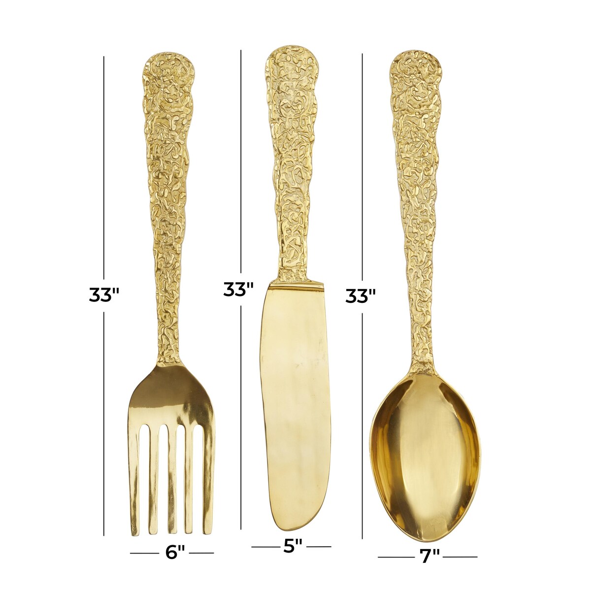 Aluminum Metal Utensils Knife, Spoon and Fork Home Wall Decor - Set of 3 Gold - Roche River Decor