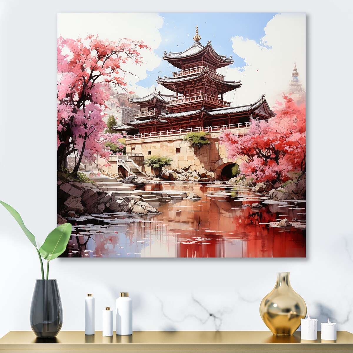 Designart Springtime China Serenity At The Temple I China Art Metal Wall Art Pink Wall Decor Global Metal Art Work