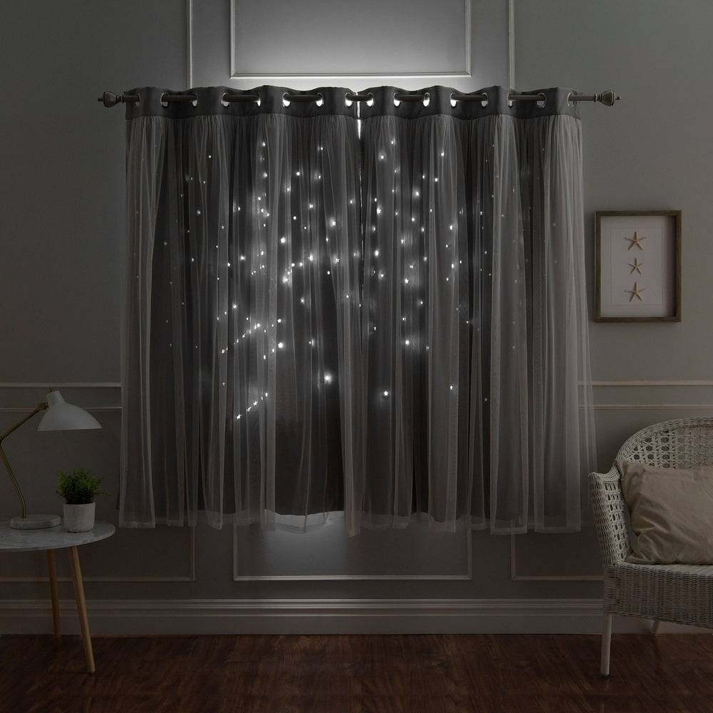 Aurora Home Star Punch Tulle Overlay Blackout Curtain Panel Pair