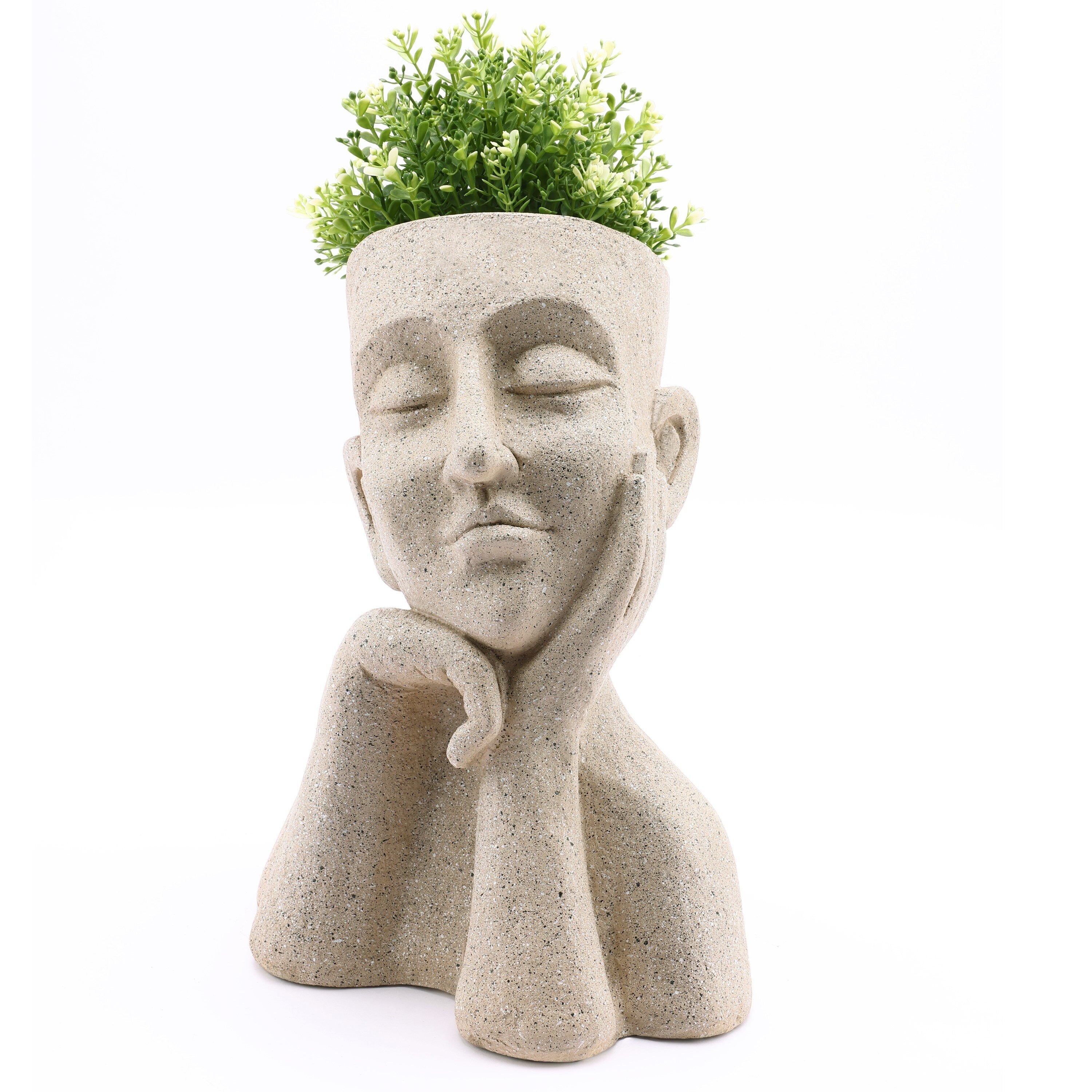 Speckled Beige Thoughtful Bust Head MgO Indoor/ Outdoor Statue Planter