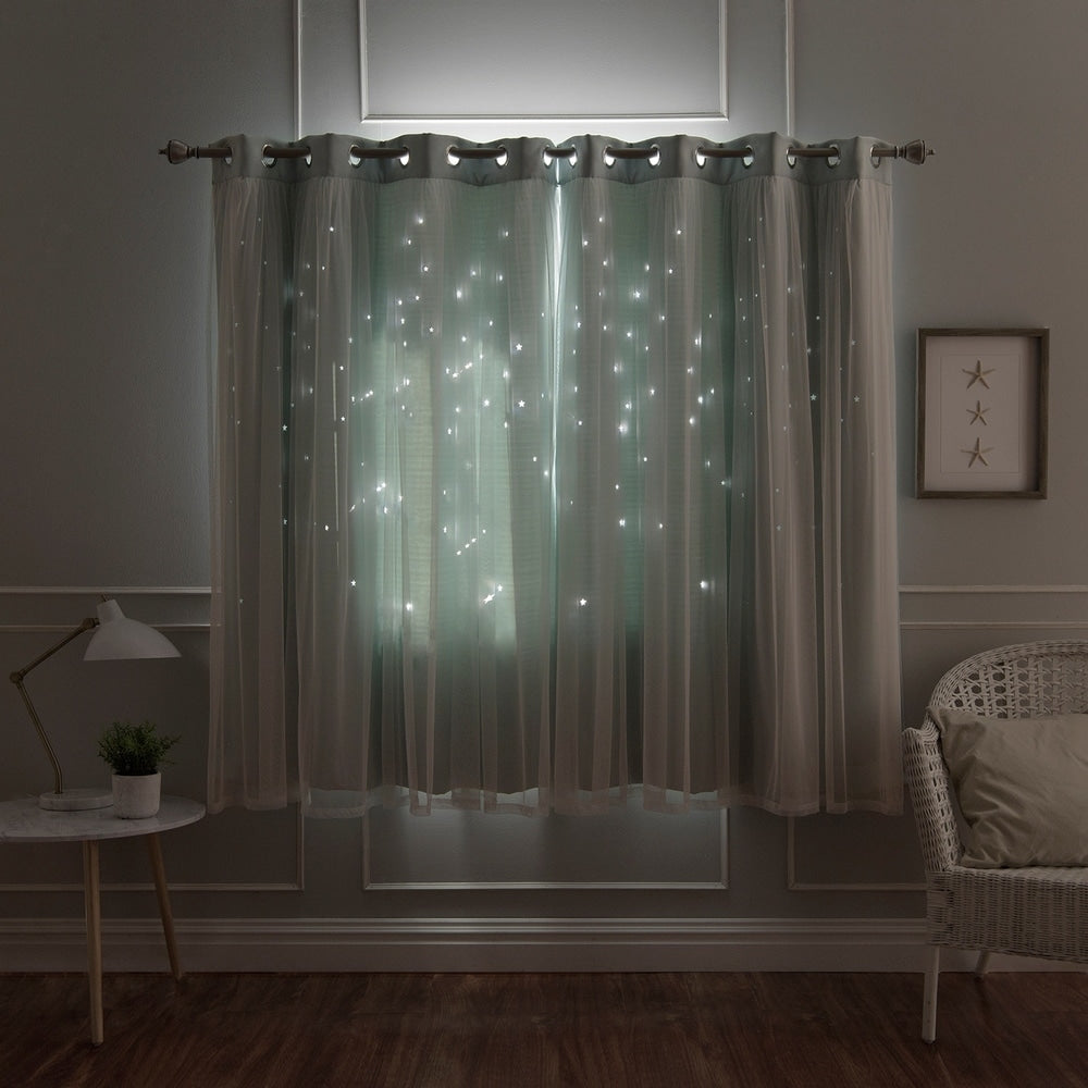 Aurora Home Star Punch Tulle Overlay Blackout Curtain Panel Pair