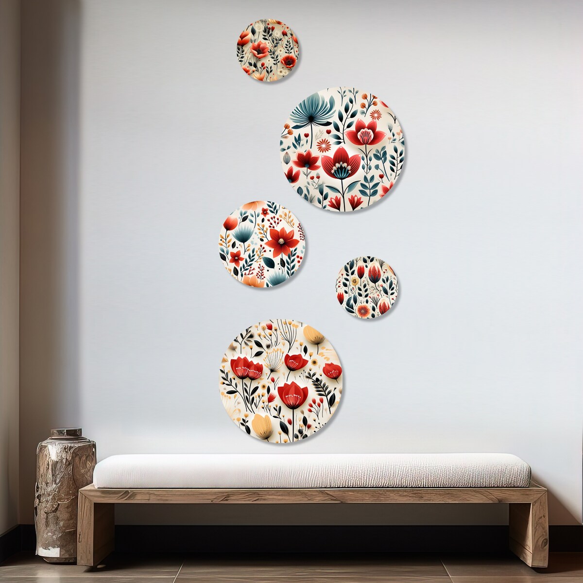 Designart Minimalist Modern Charm Floral Botanics II Floral Wall Art Set of 5 - Cottage Red Living Room Metal Art Set