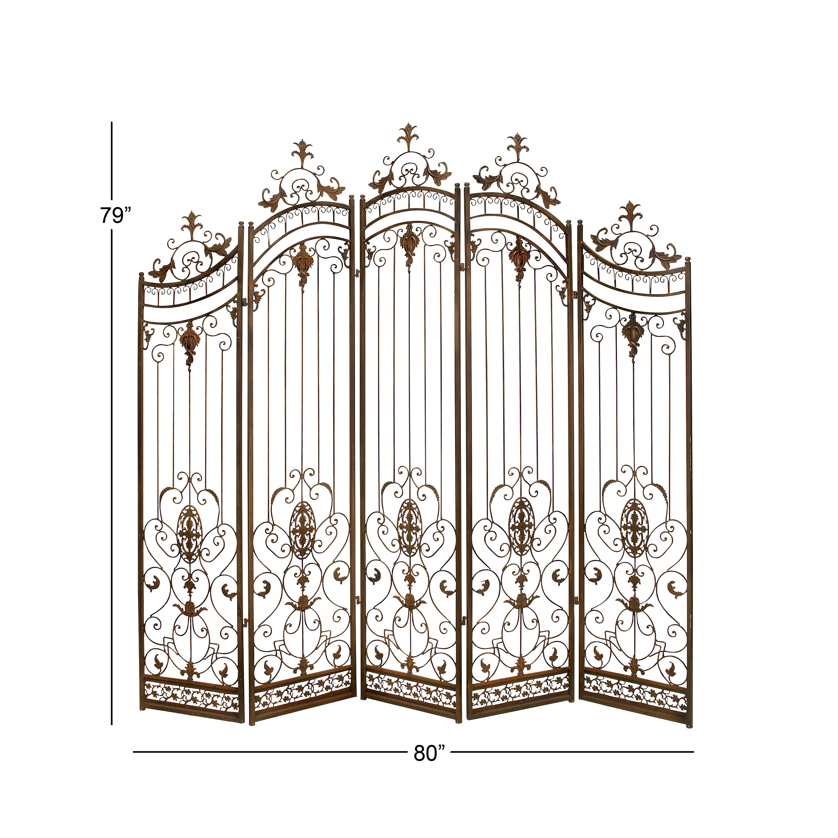 Metal Hinged Foldable Arched Partition 5 Panel Room Divider Screen with Relief Acanthus Design - Bronze - Roche River Decor