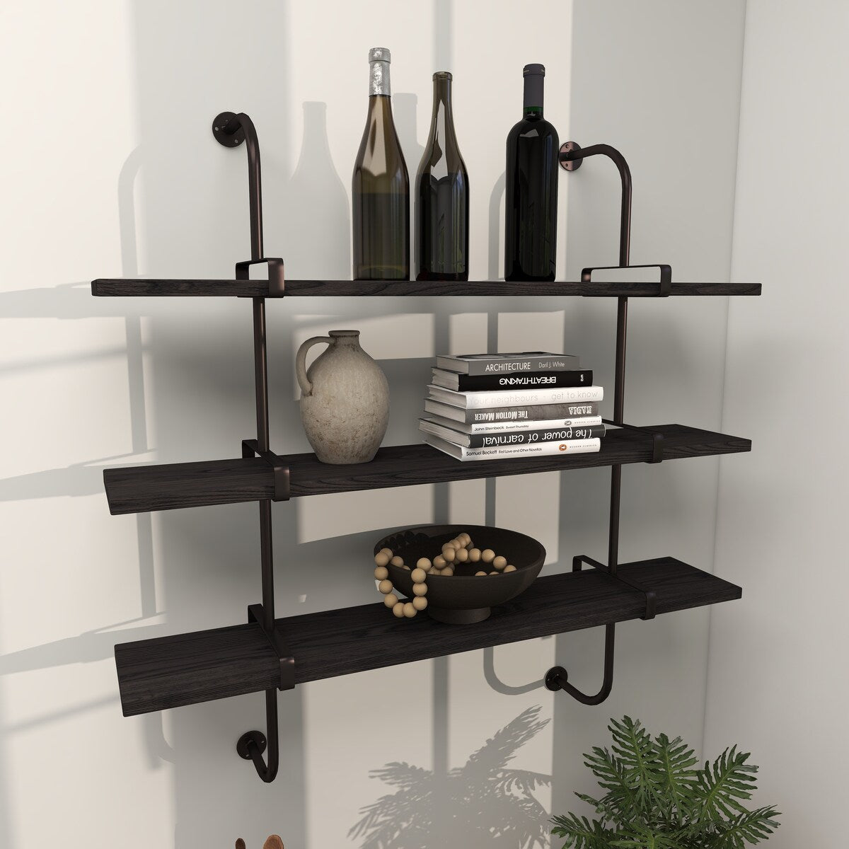 Wood 2 or 3 Level Wall Shelf with Black Metal Brackets - Brown or Gray - Roche River Decor