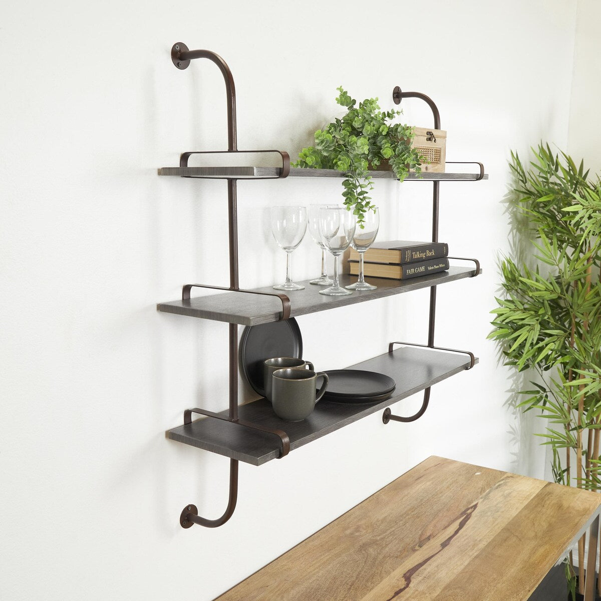 Wood 2 or 3 Level Wall Shelf with Black Metal Brackets - Brown or Gray - Roche River Decor