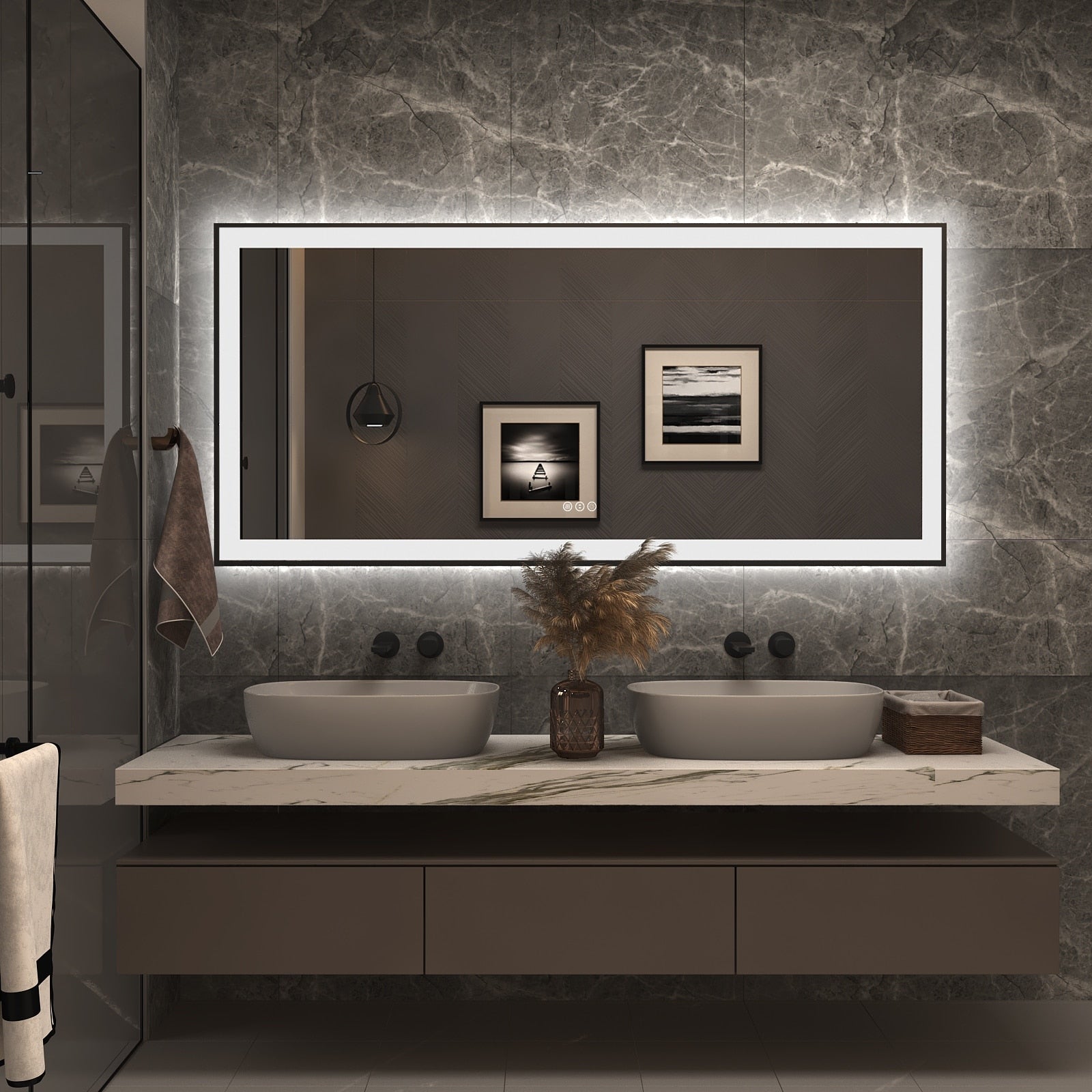 Apmir Metal Black Frame Back & Front LED Lighted Bathroom Vanity Mirror with Anti-Fog Tempered Glass