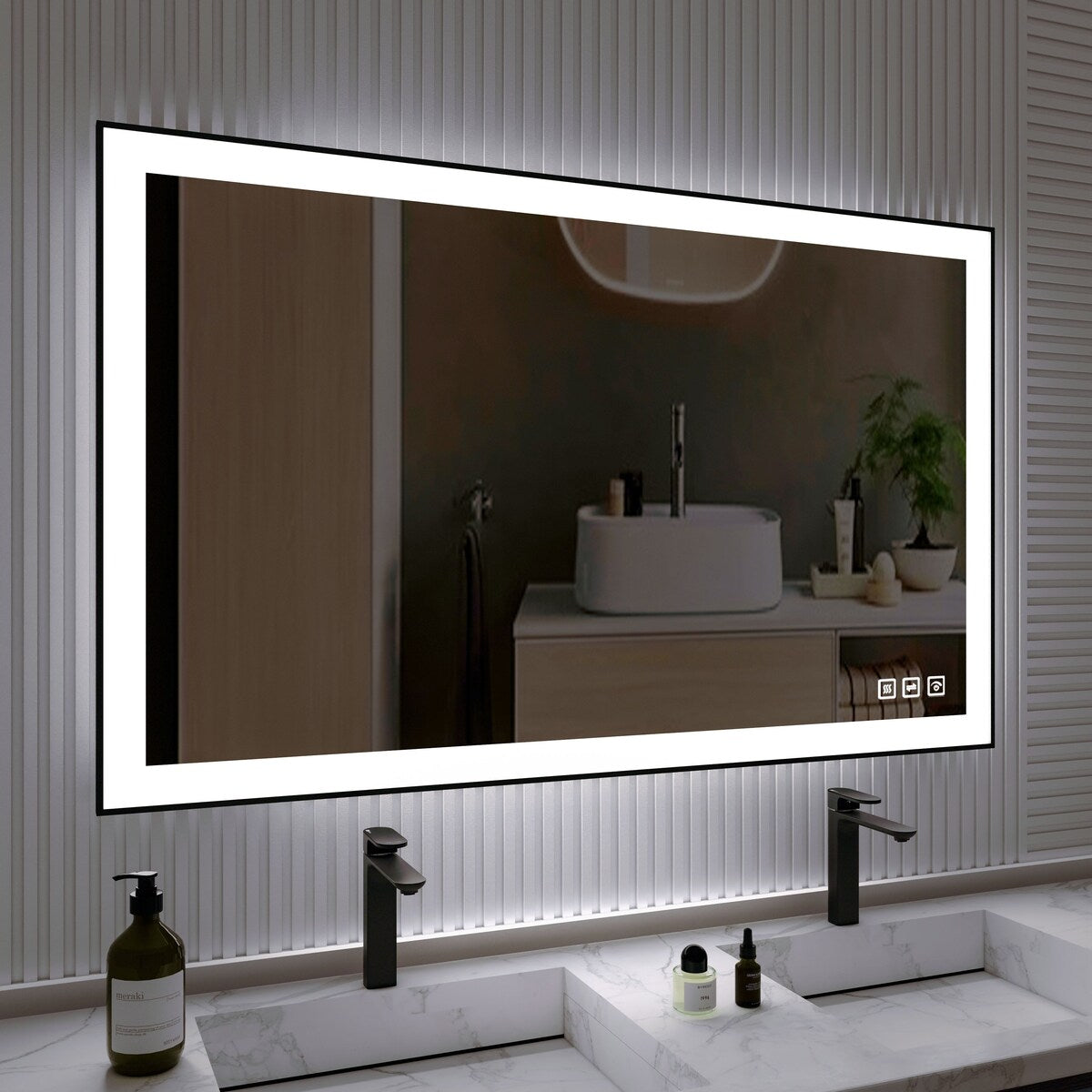 Organnice Rectangular Framed LED Anti-Fog Bathroom Wall Mirror in Black with Backlit and Front Light