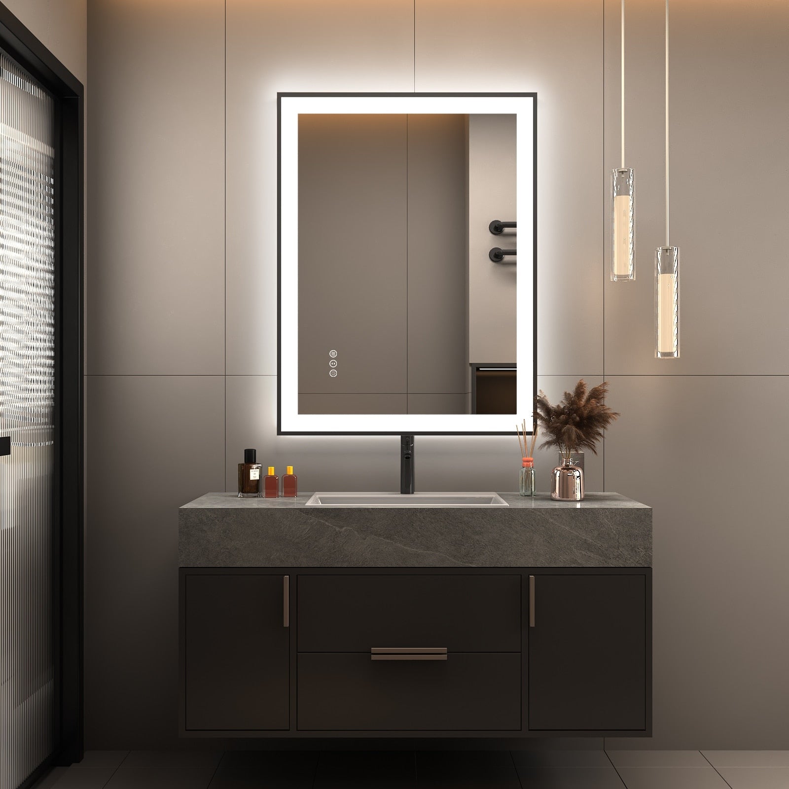 Apmir Metal Black Frame Back & Front LED Lighted Bathroom Vanity Mirror with Anti-Fog Tempered Glass