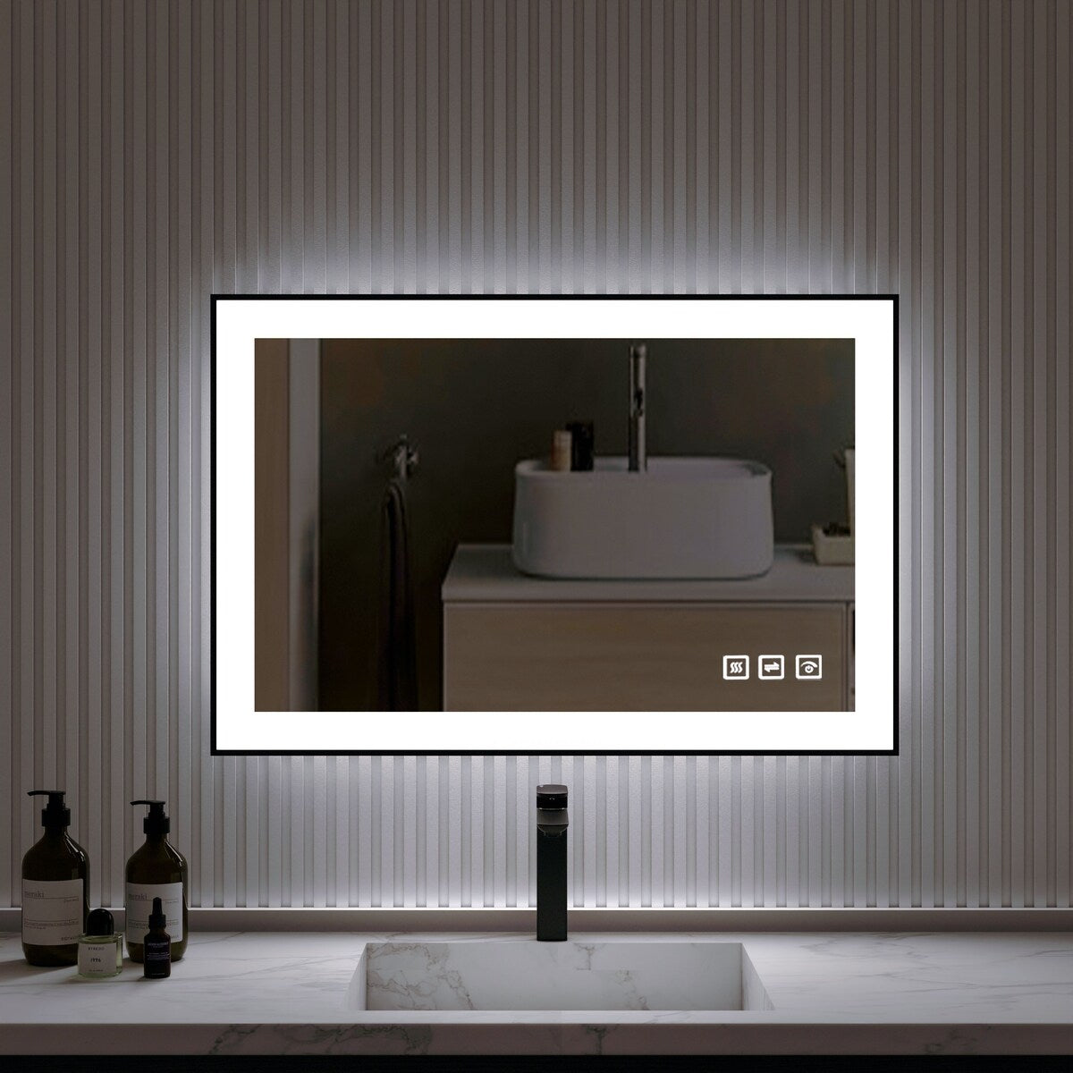 Organnice Rectangular Framed LED Anti-Fog Bathroom Wall Mirror in Black with Backlit and Front Light