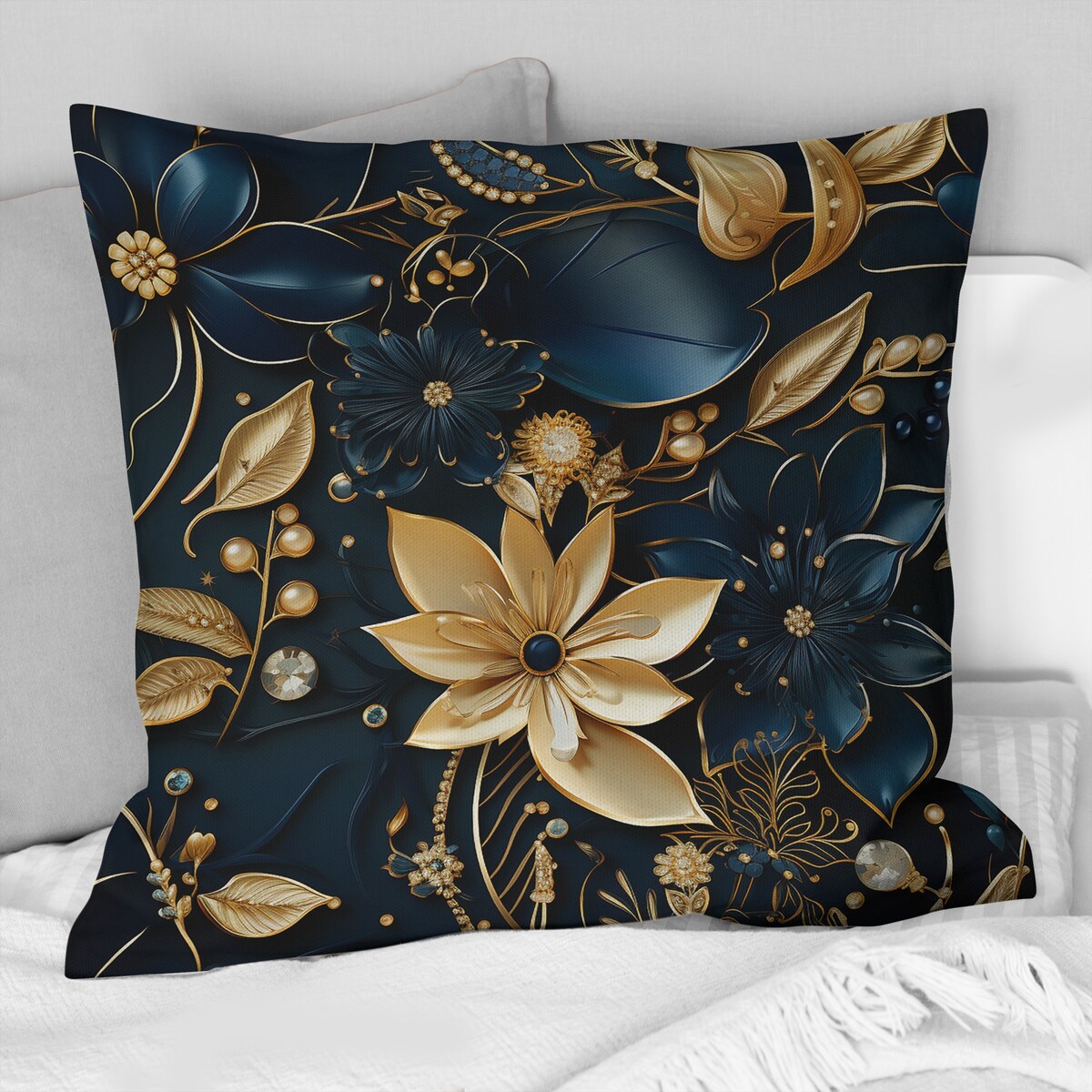 Designart Glamorous Gold And Sapphire Elegance Floral Printed Throw Pillow