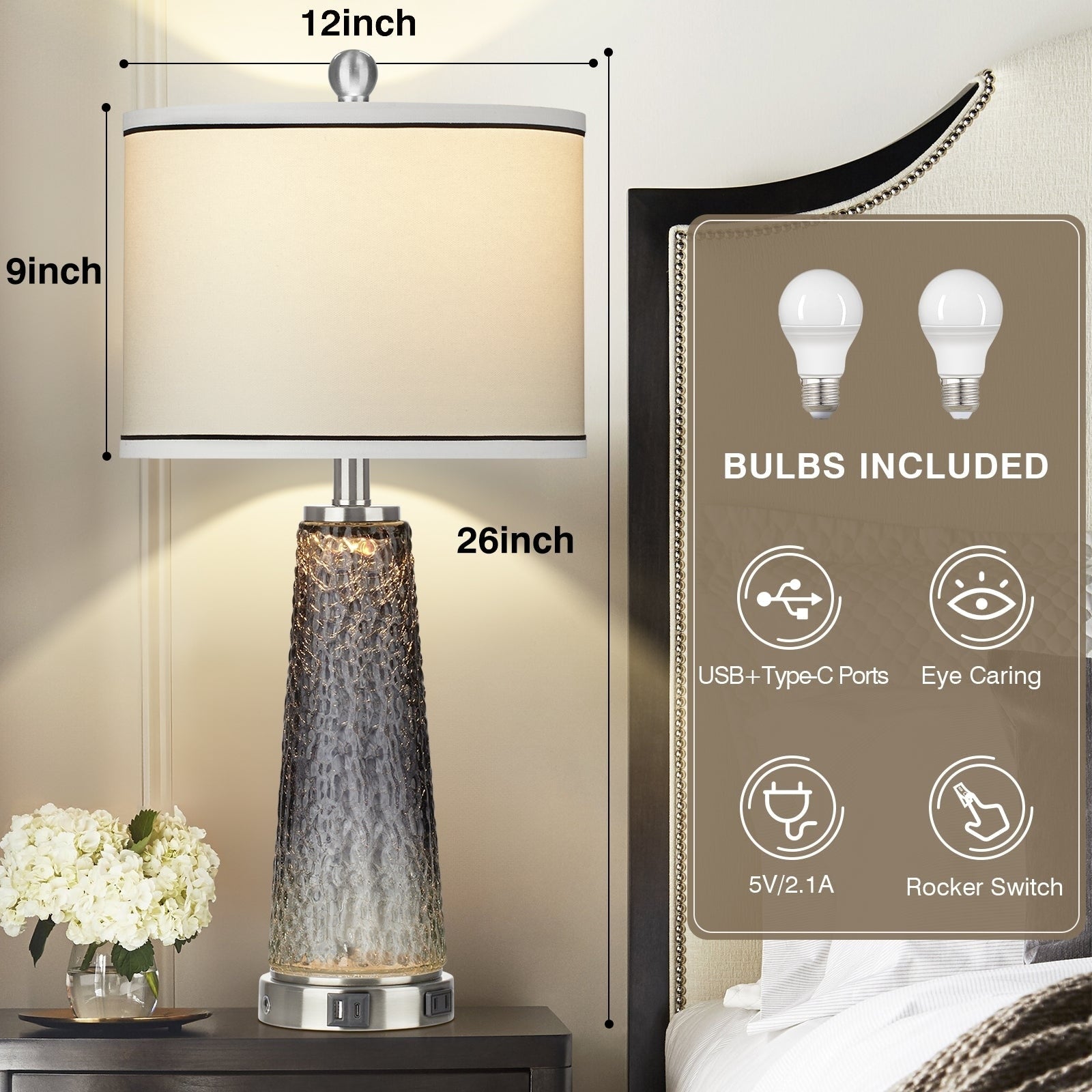 Table Lamps Nightlight 2in1 Glass Gray Charging Ports 2-Way Touch Switch (Set of 2) - 12'' x 12'' x 26'' (L x W x H)