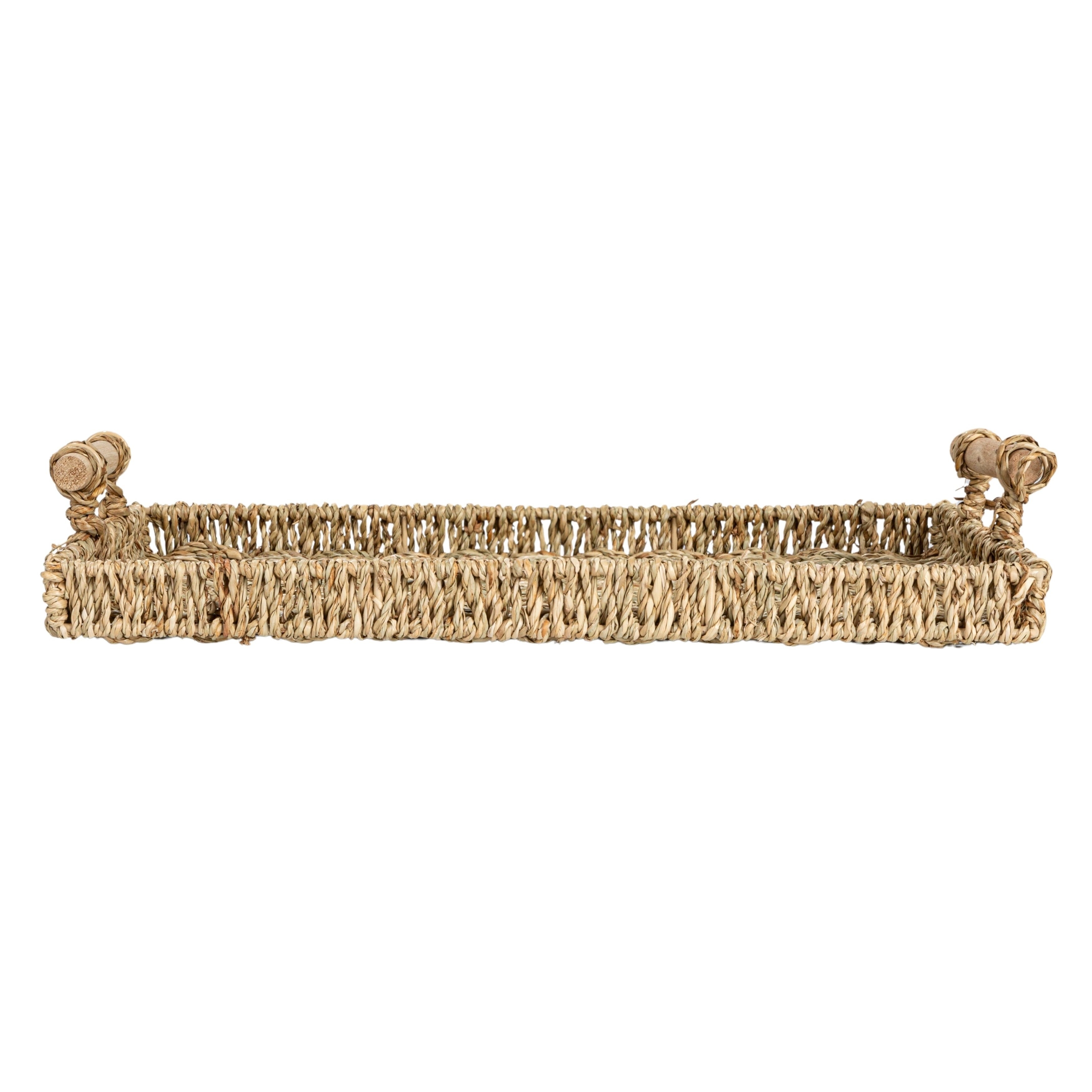 Household Essentials Handwoven Seagrass Tray Set with Wood Handles, Set of 2 - 15.7L x 9.8W x 3.1H