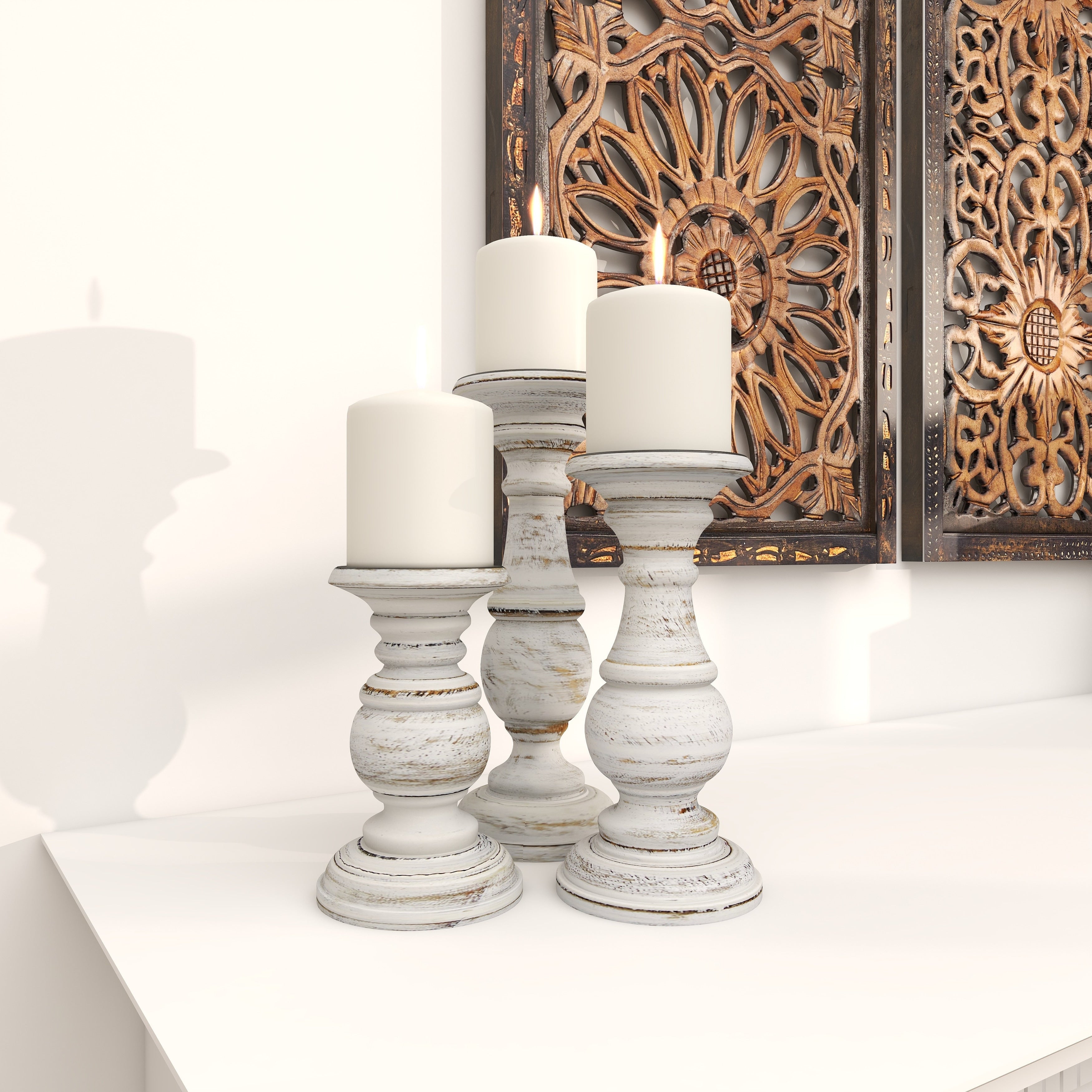 Mango Wood Turned Style Pillar Candle Holder (Set of 3) - White, Brown, Gold, Black, Light Blue, Cream, Silver