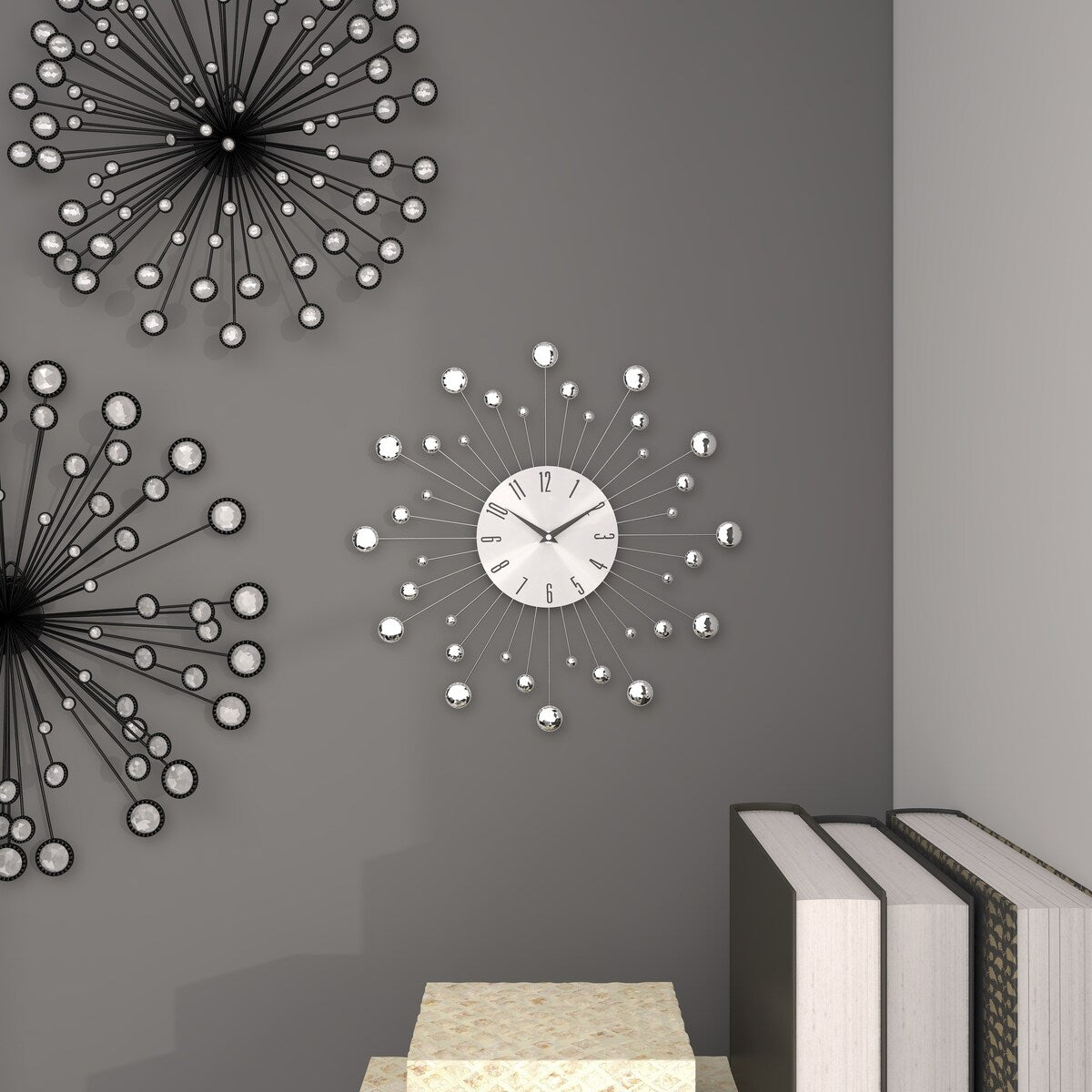 Metal Starburst Decorative Wall Clock with Crystal Accents - Gold, Brown, Silver, Copper - Roche River Decor