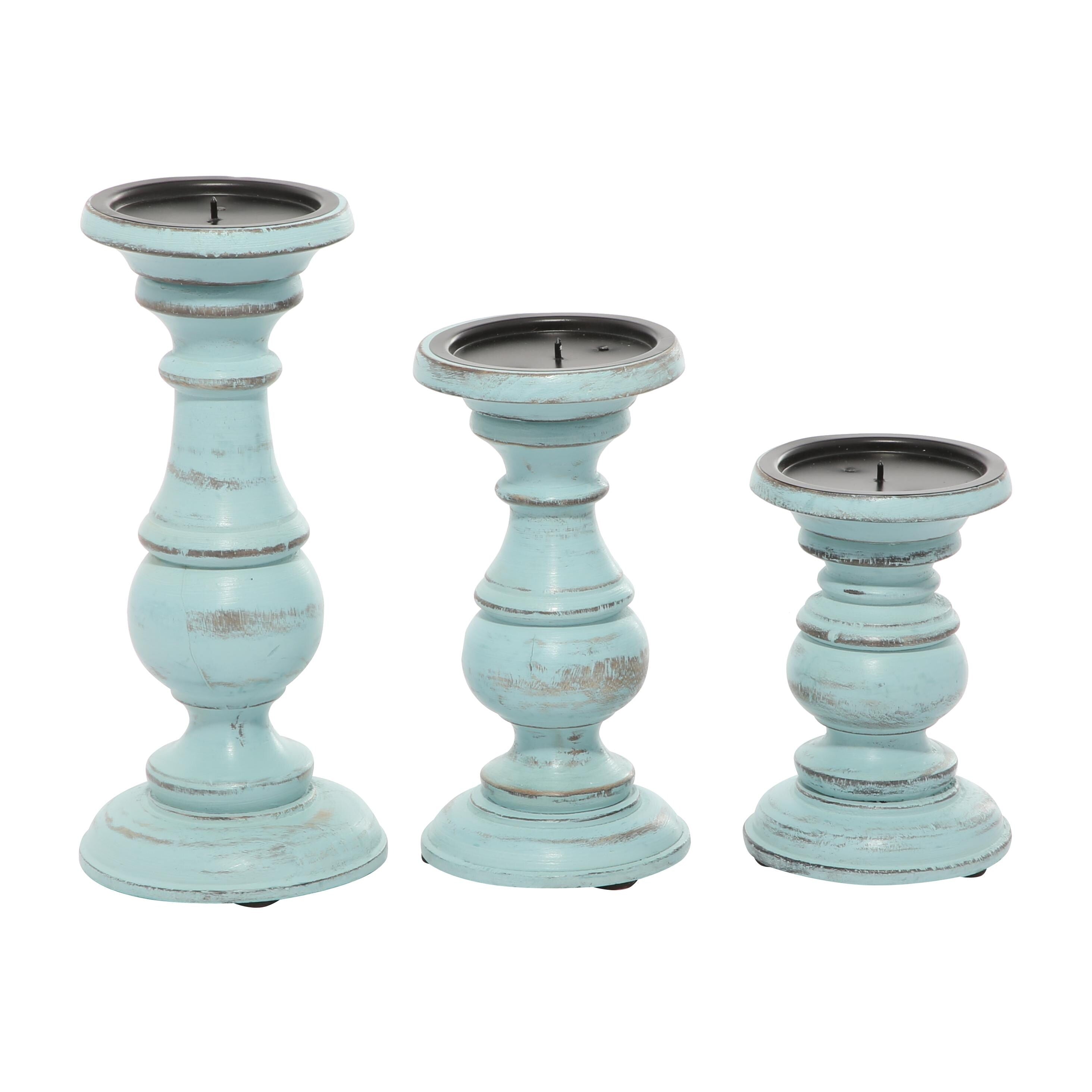 Mango Wood Turned Style Pillar Candle Holder (Set of 3) - White, Brown, Gold, Black, Light Blue, Cream, Silver