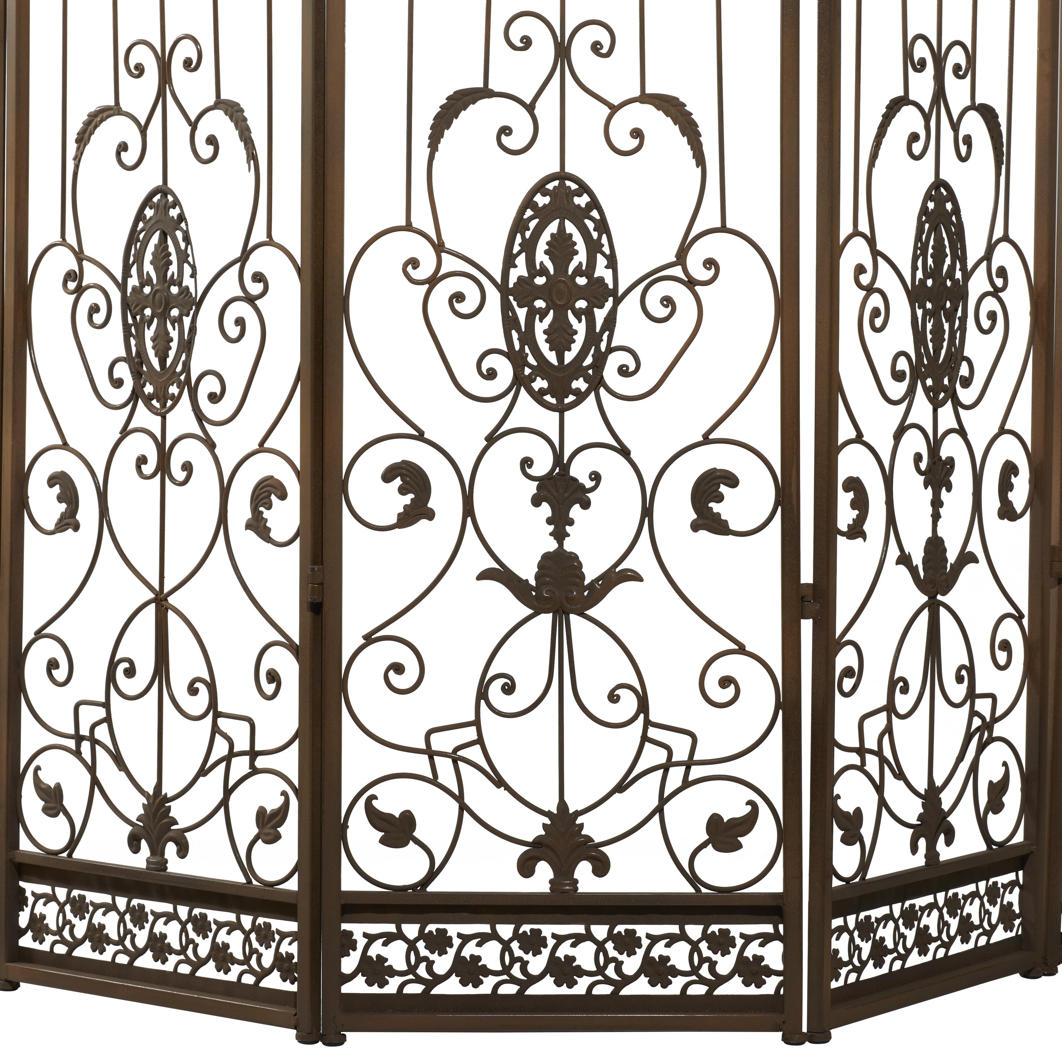 Metal Hinged Foldable Arched Partition 5 Panel Room Divider Screen with Relief Acanthus Design - Bronze - Roche River Decor