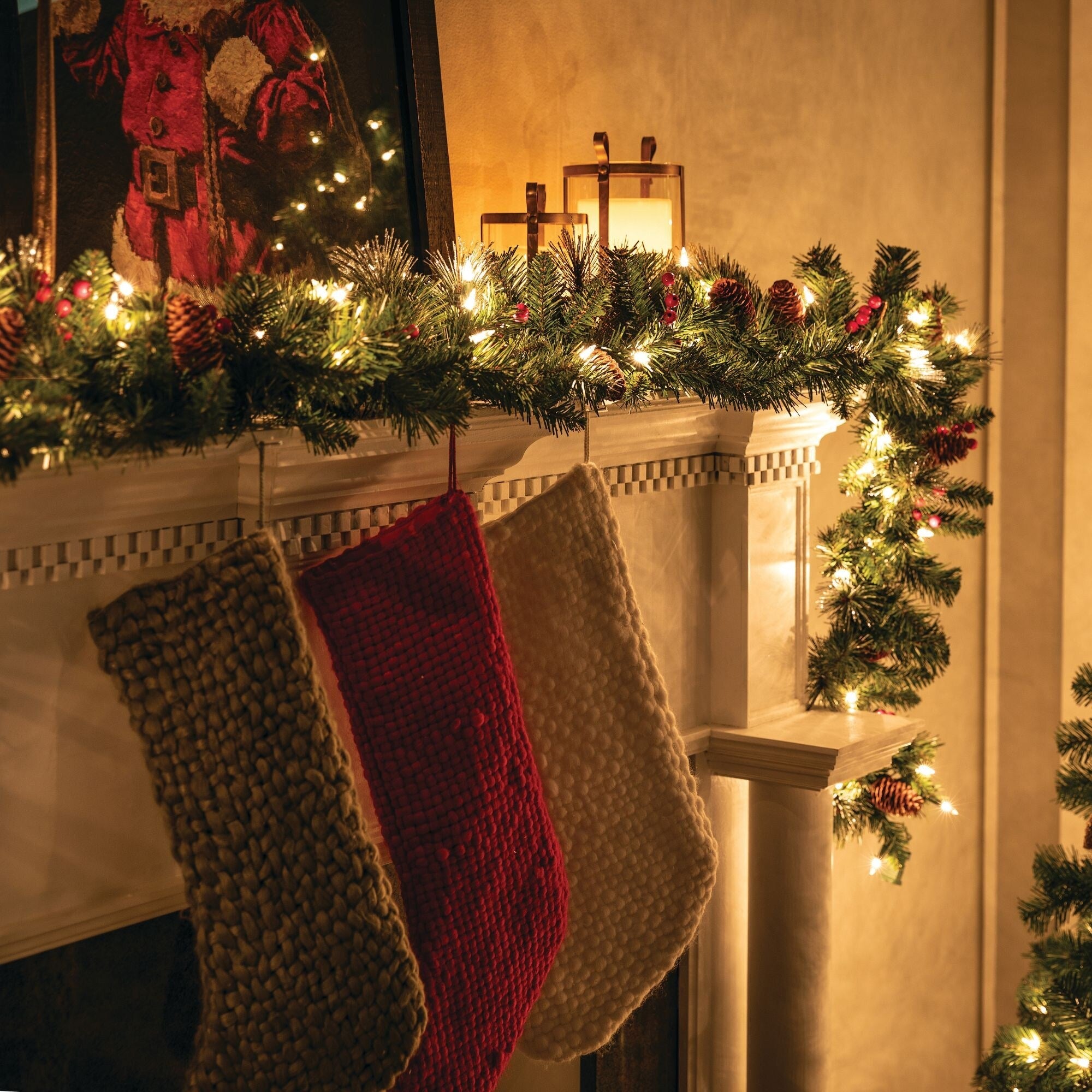 Sullivans Artificial 9' LED Mixed Pine Christmas Garland with Pinecones & Berries, Green, Indoor Christmas Decor