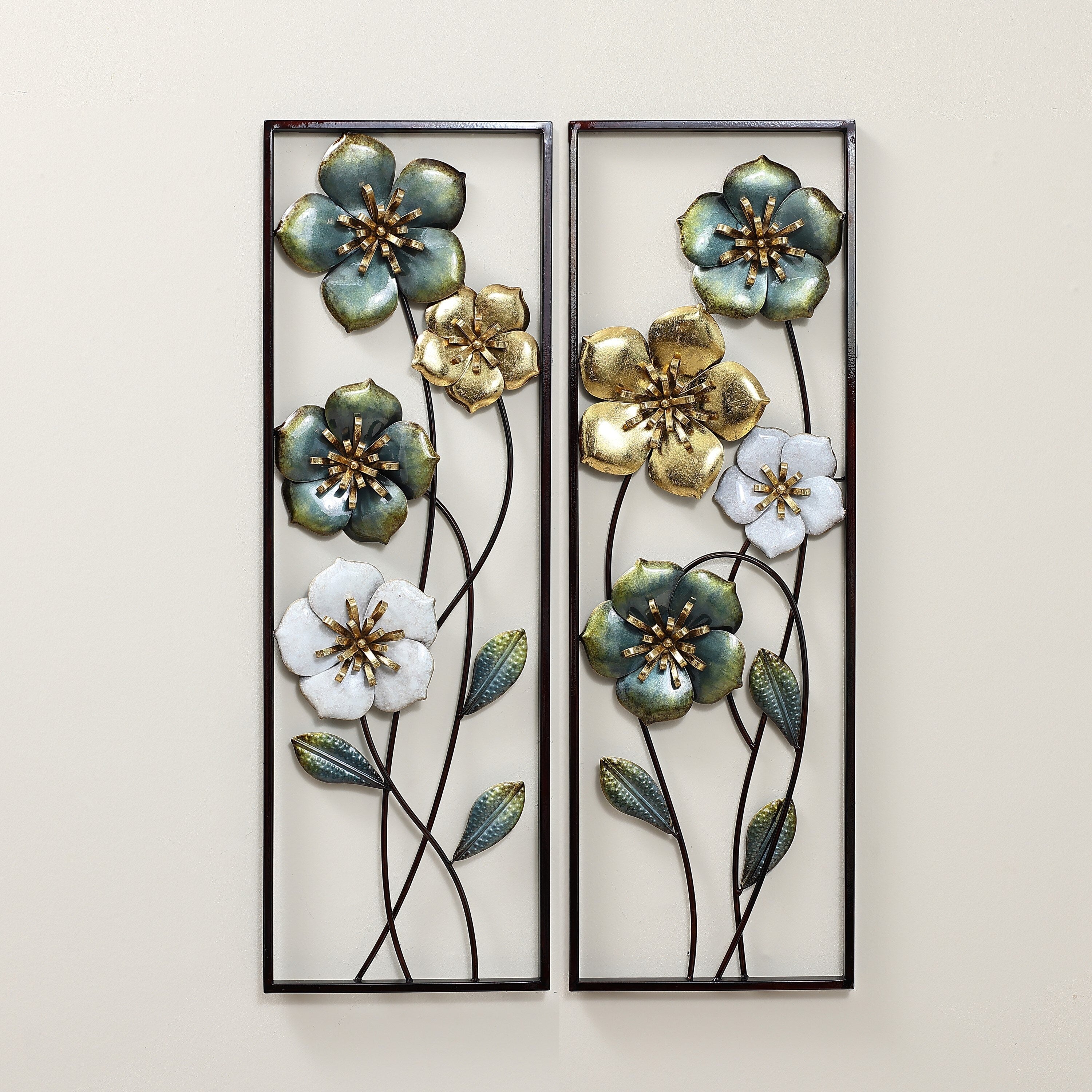 Metal Green, White, and Gold Wild Flowers Wall Decor (Set of 2)