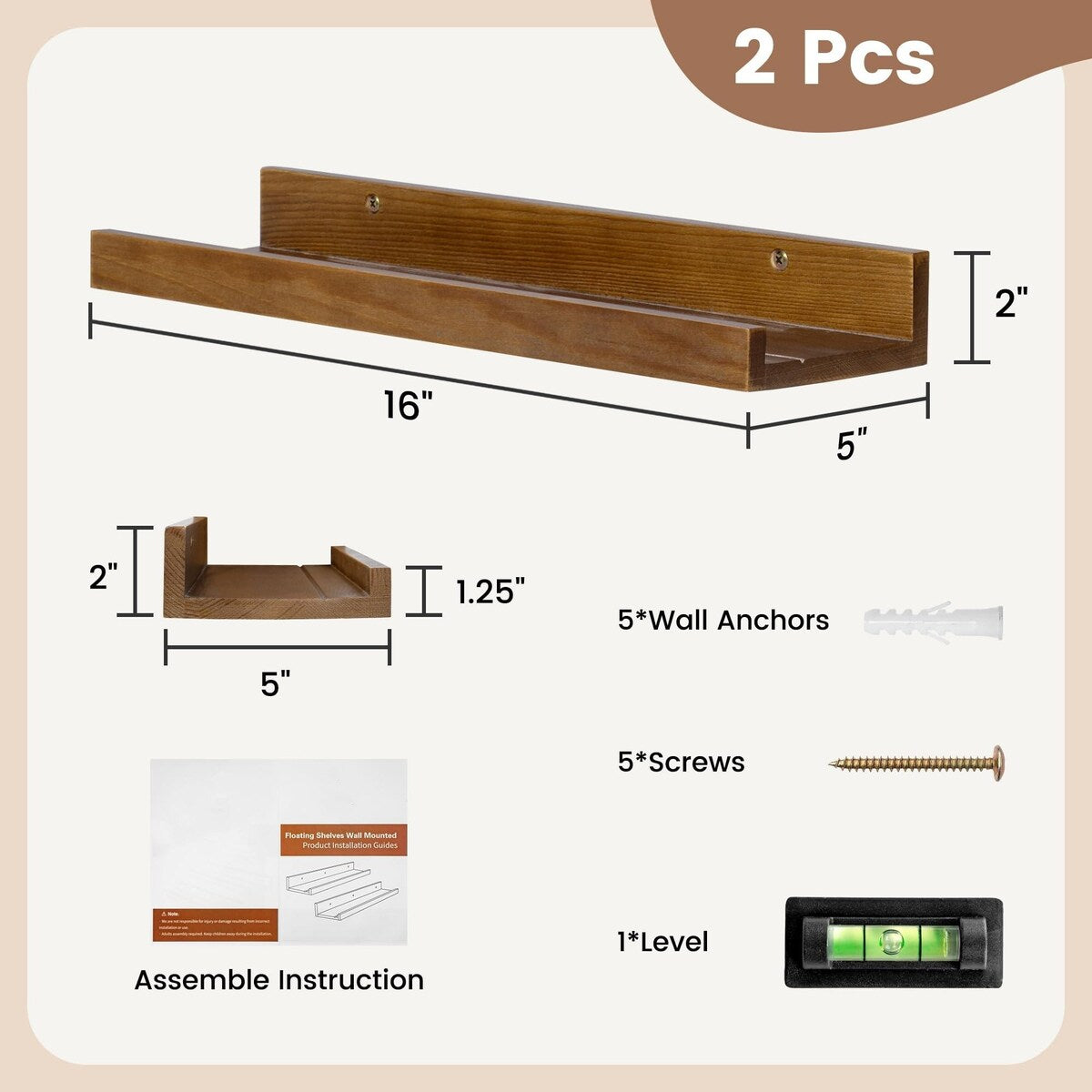 Solid Pine Wood Floating Ledge Shelves 2 Packs for Wall