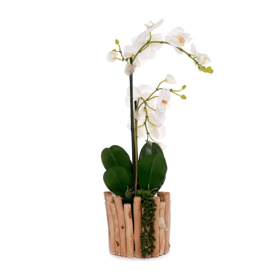 Real Touch Orchids in Glass Vase Wood Branches Planter - White