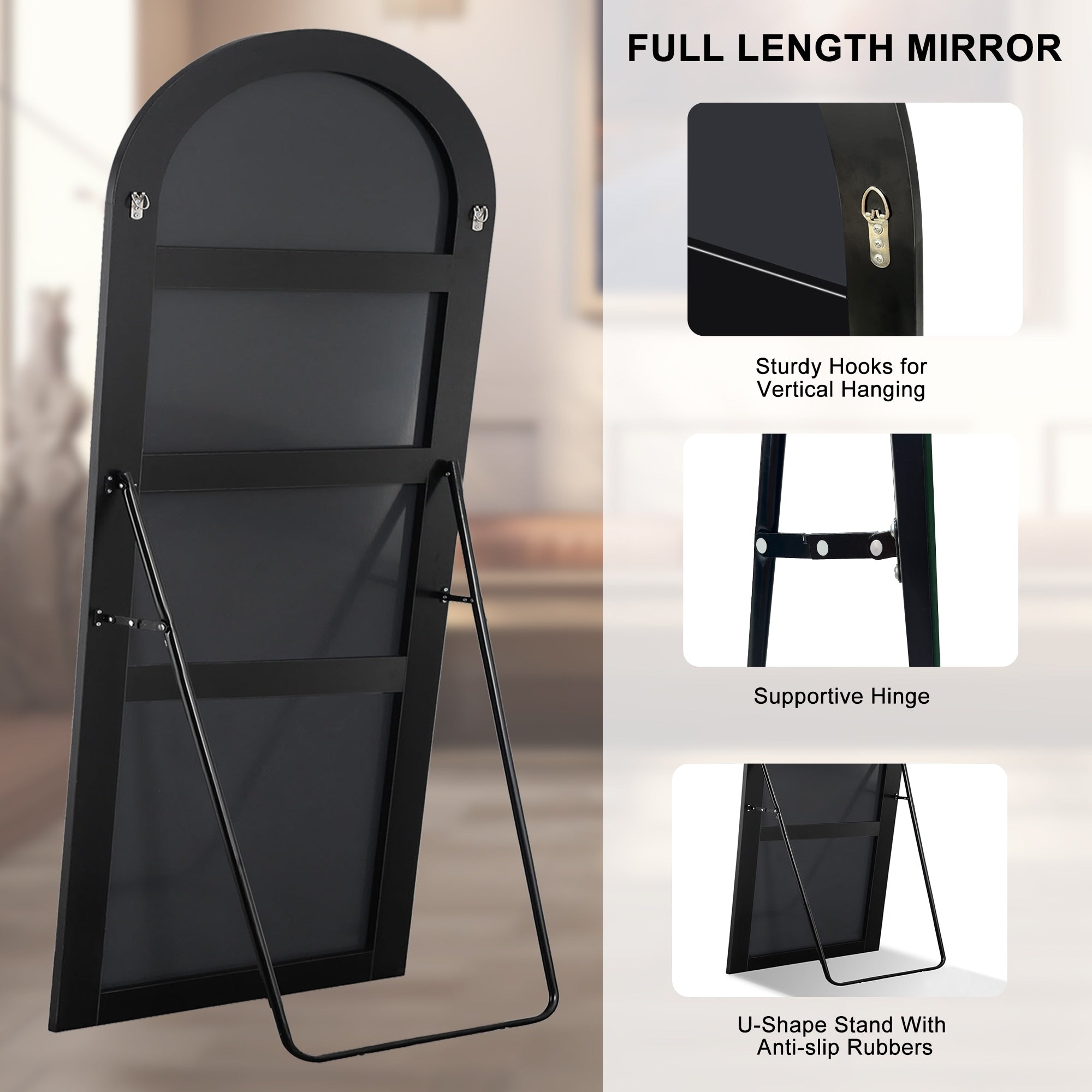 Modern Arched Full-Length Wood Floor Standing Mirror