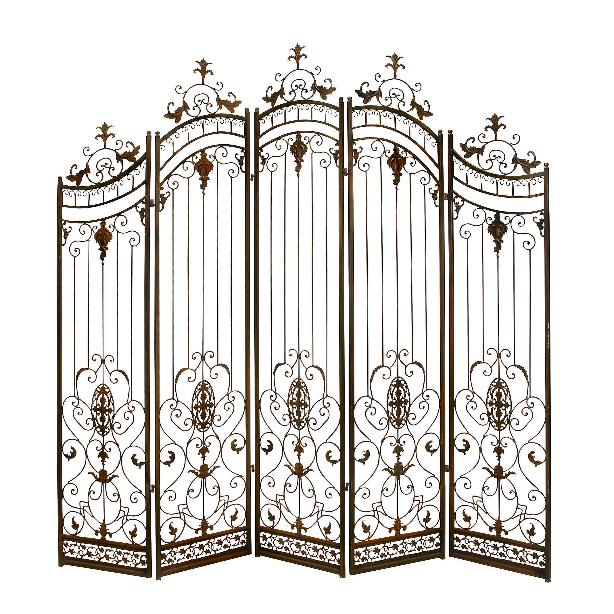 Metal Hinged Foldable Arched Partition 5 Panel Room Divider Screen with Relief Acanthus Design - Bronze - Roche River Decor