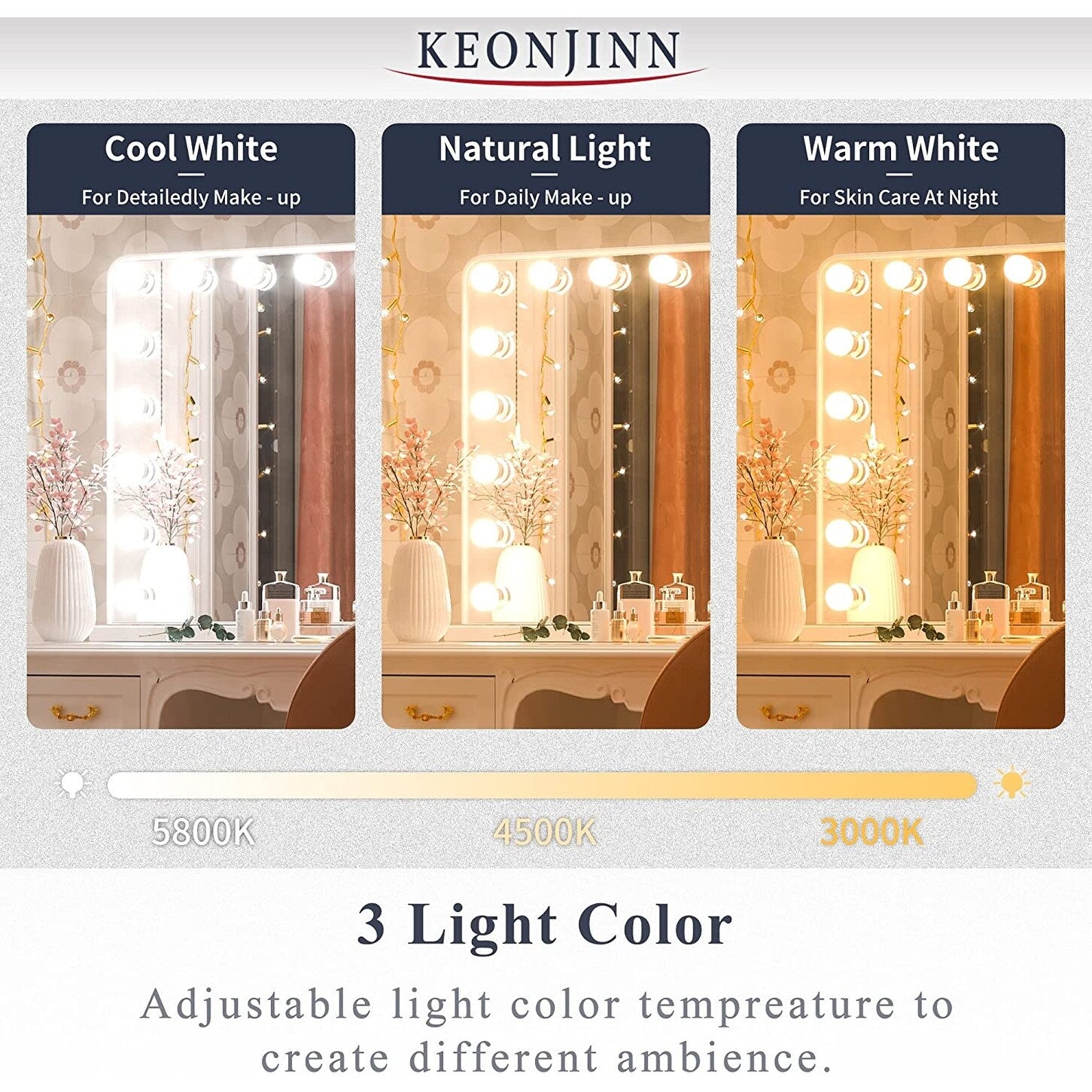 KEONJINN Hollywood Vanity Mirror with 15/18 LEDs Lights and Bluetooth Speakers