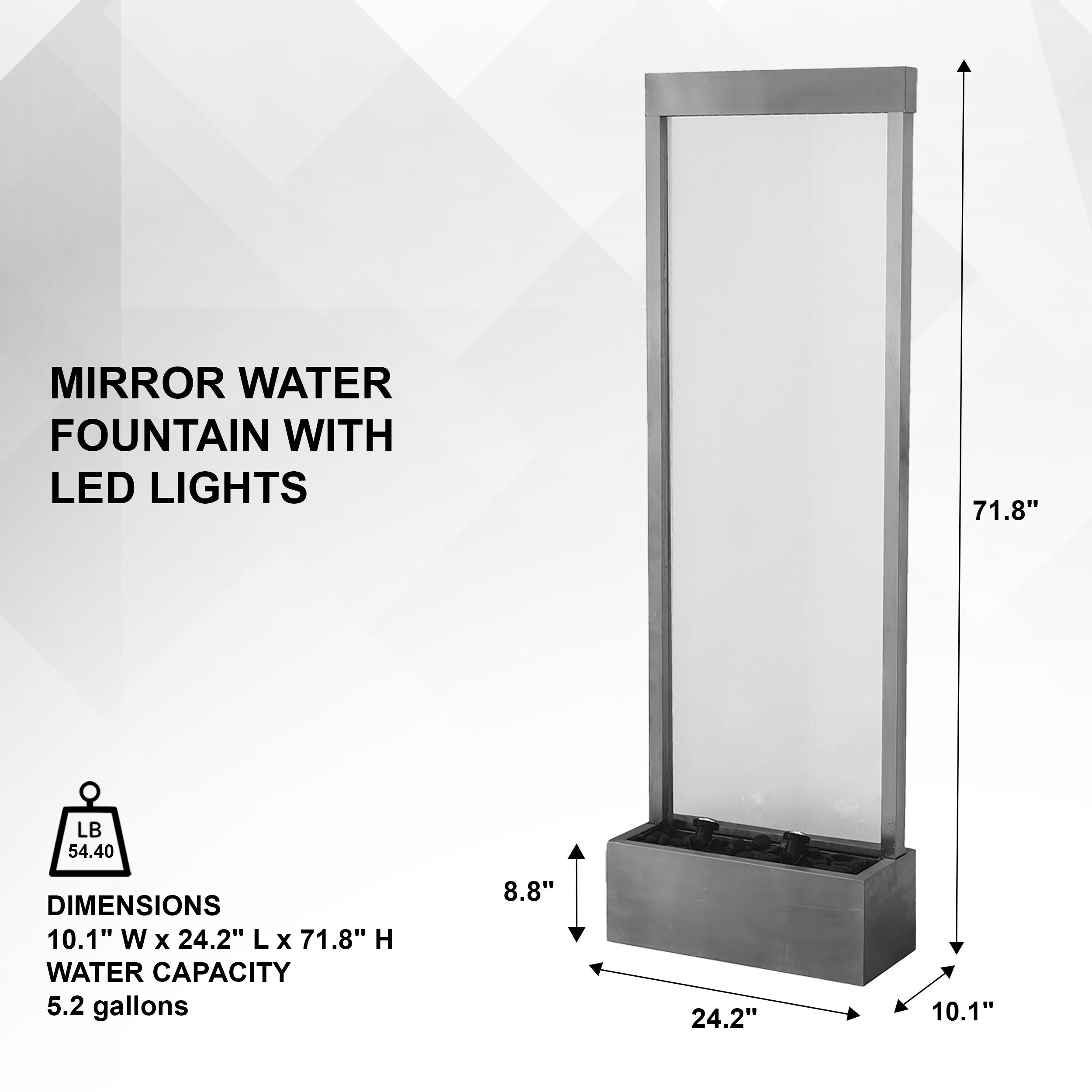 XBrand 72 Steel/Glass Free-Standing Mirror Waterfall Fountain w/ Pump, LED Lights and Rocks, Modern Mirror Fountain