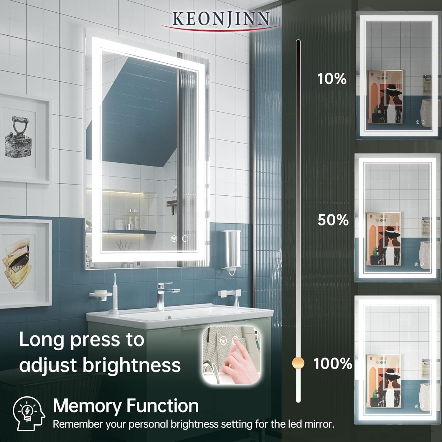 KEONJINN LED Bathroom Vanity Mirror Wall Mounted Anti-Fog Dimmable Mirror