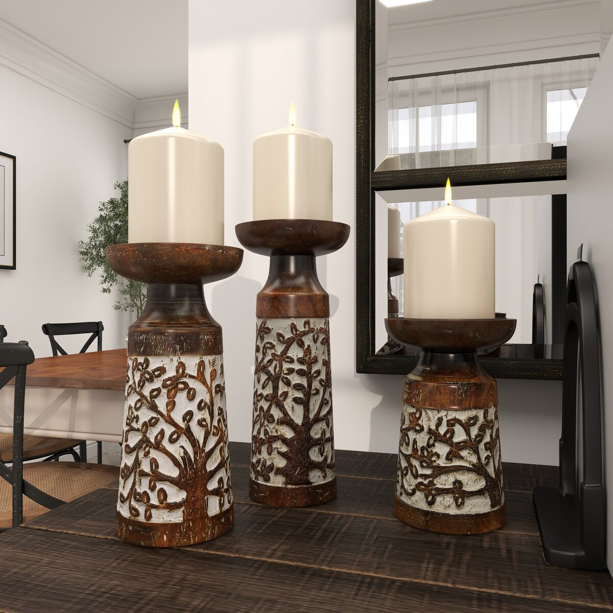 Mango Wood Handmade Carved Pillar Decorative Candle Holder - Set of 3 Light Brown or Brown - Roche River Decor