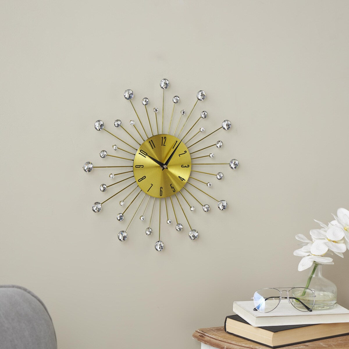 Metal Starburst Decorative Wall Clock with Crystal Accents - Gold, Brown, Silver, Copper - Roche River Decor