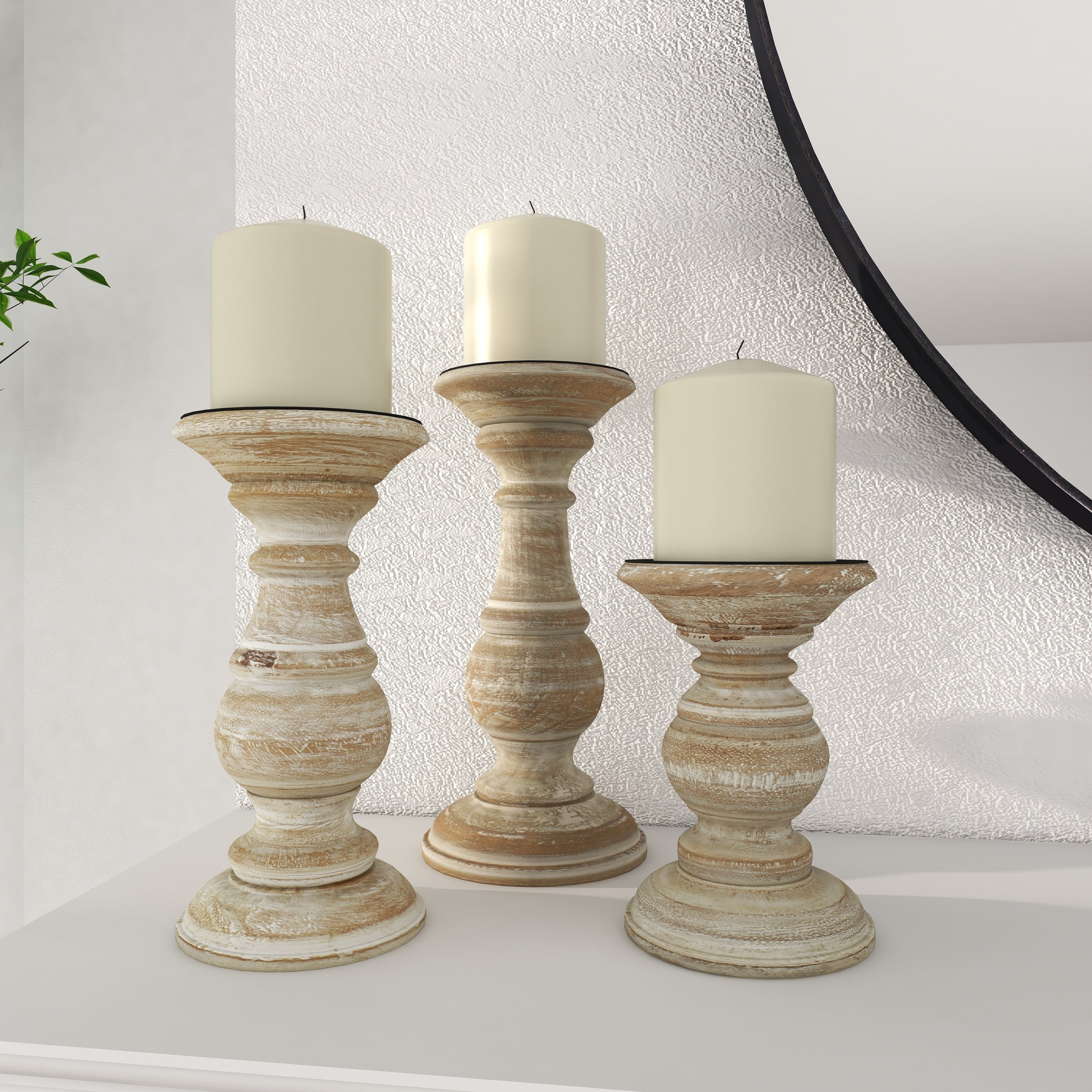 Mango Wood Turned Style Pillar Candle Holder (Set of 3) - White, Brown, Gold, Black, Light Blue, Cream, Silver