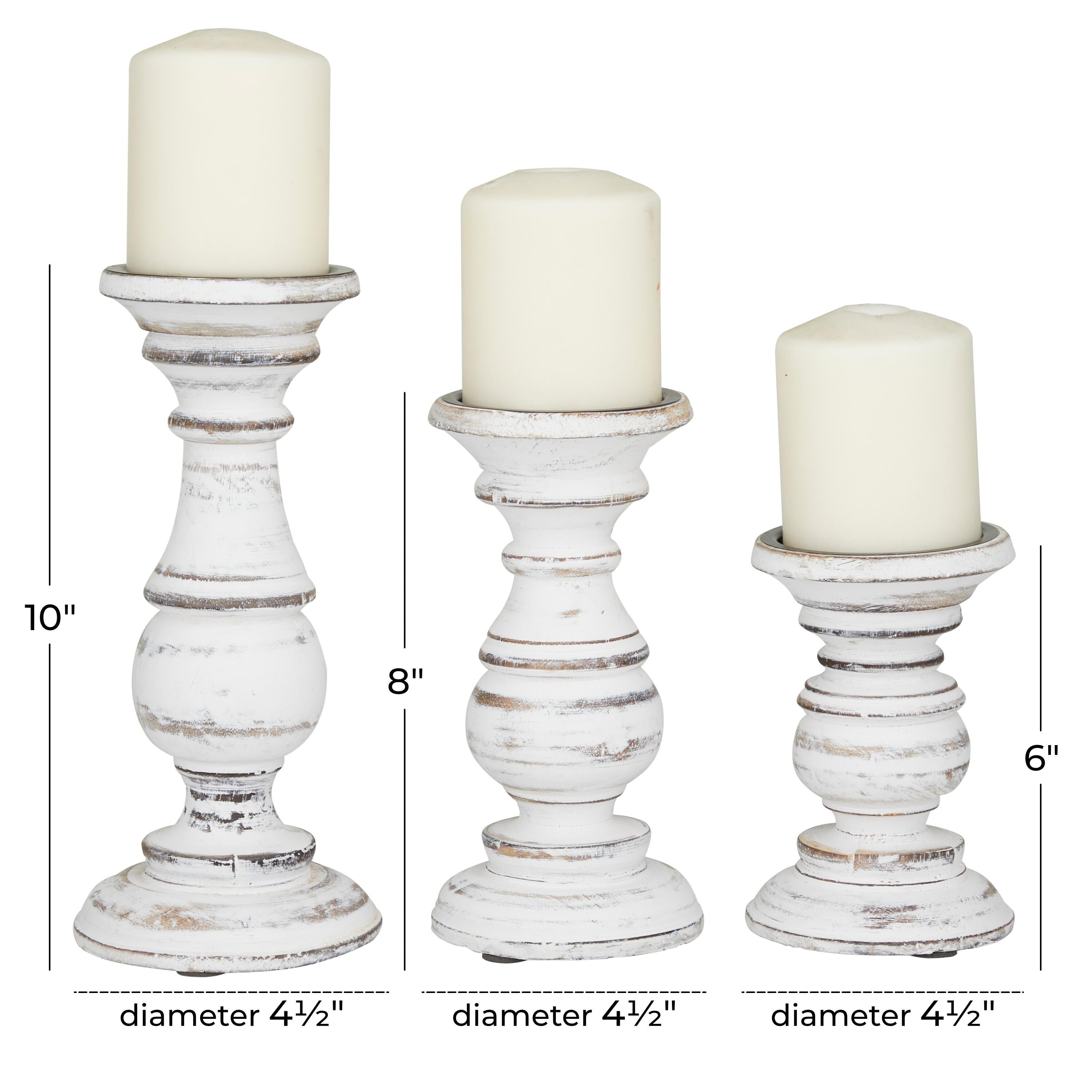 Mango Wood Turned Style Pillar Candle Holder (Set of 3) - White, Brown, Gold, Black, Light Blue, Cream, Silver