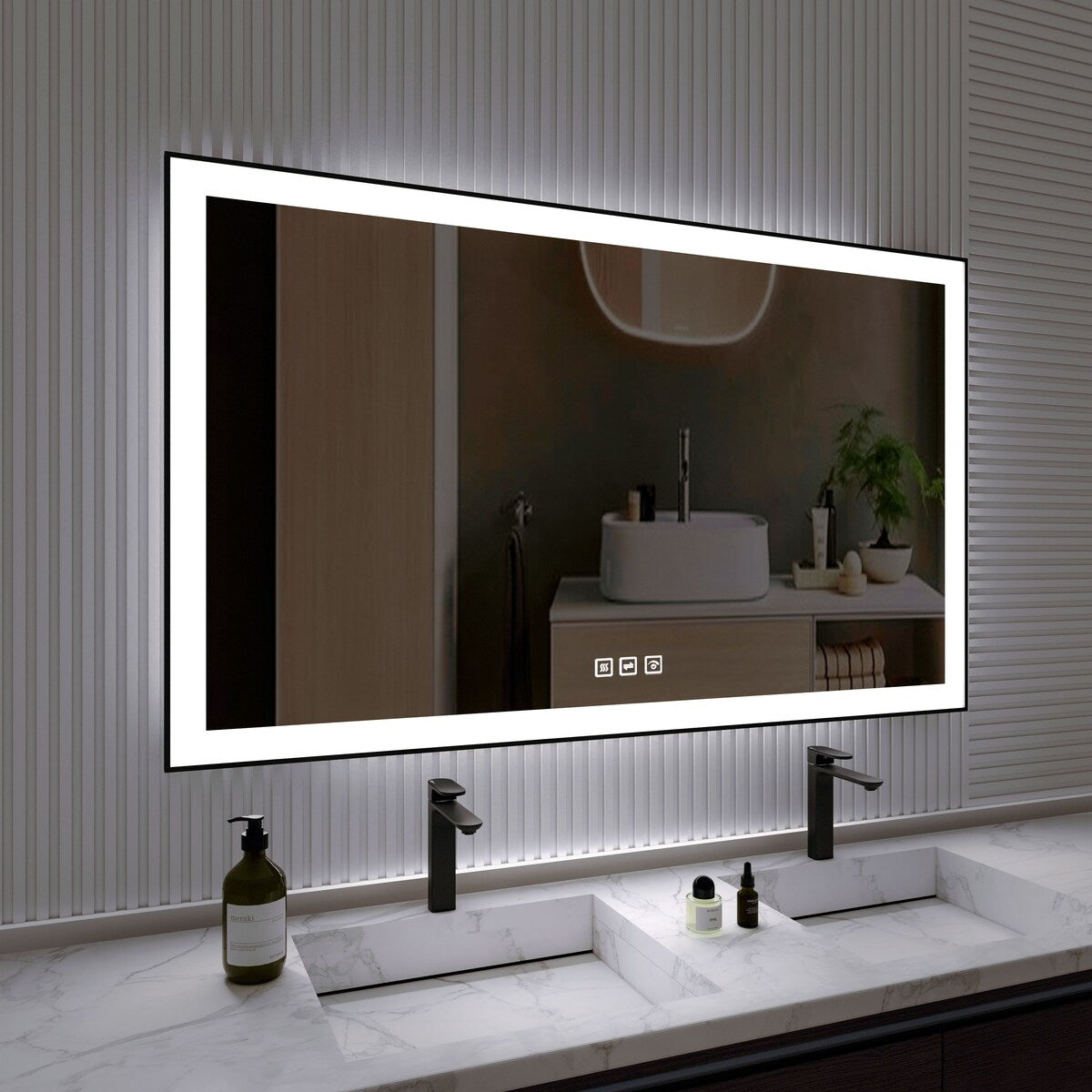 Organnice Rectangular Framed LED Anti-Fog Bathroom Wall Mirror in Black with Backlit and Front Light