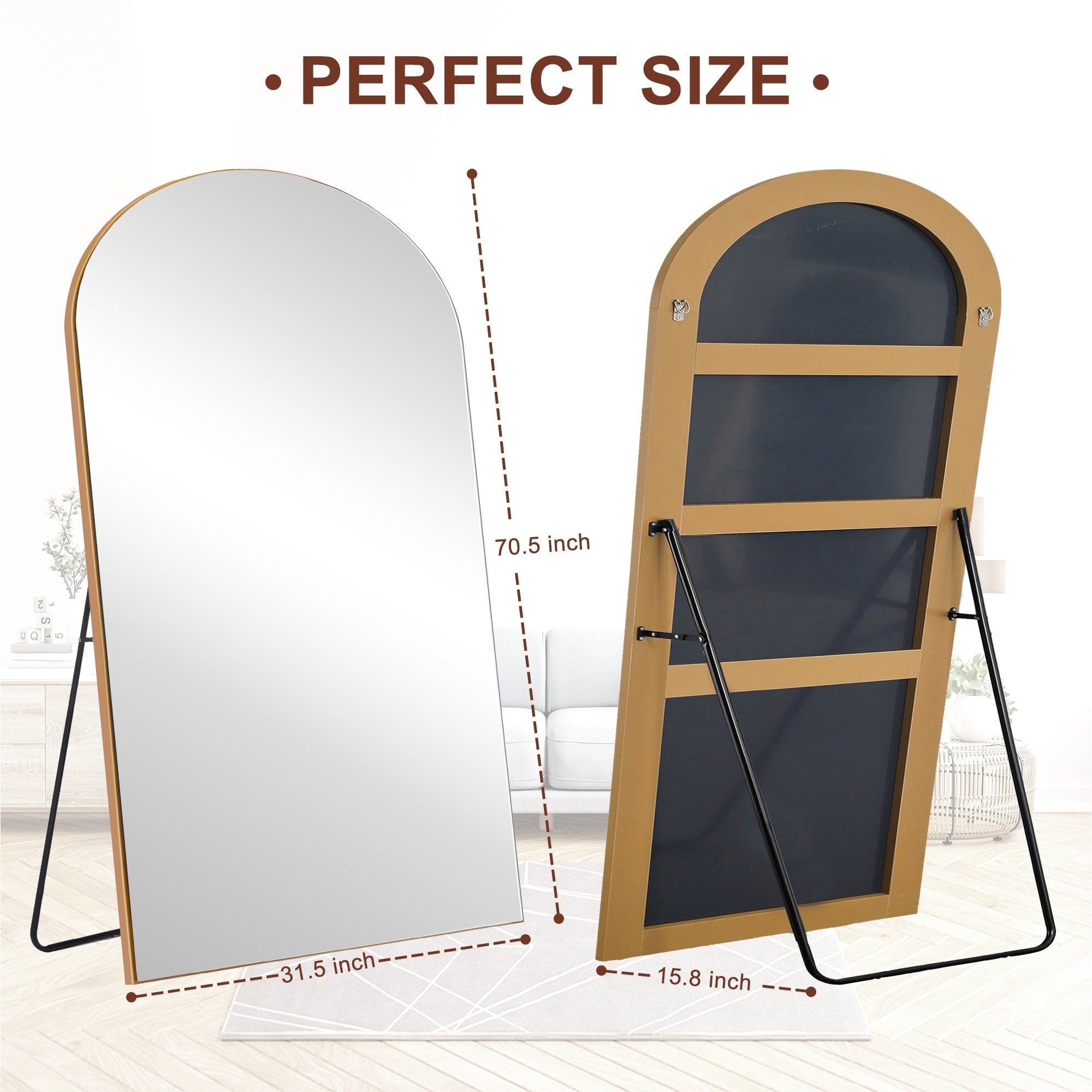 Modern Arched Full-Length Wood Floor Standing Mirror