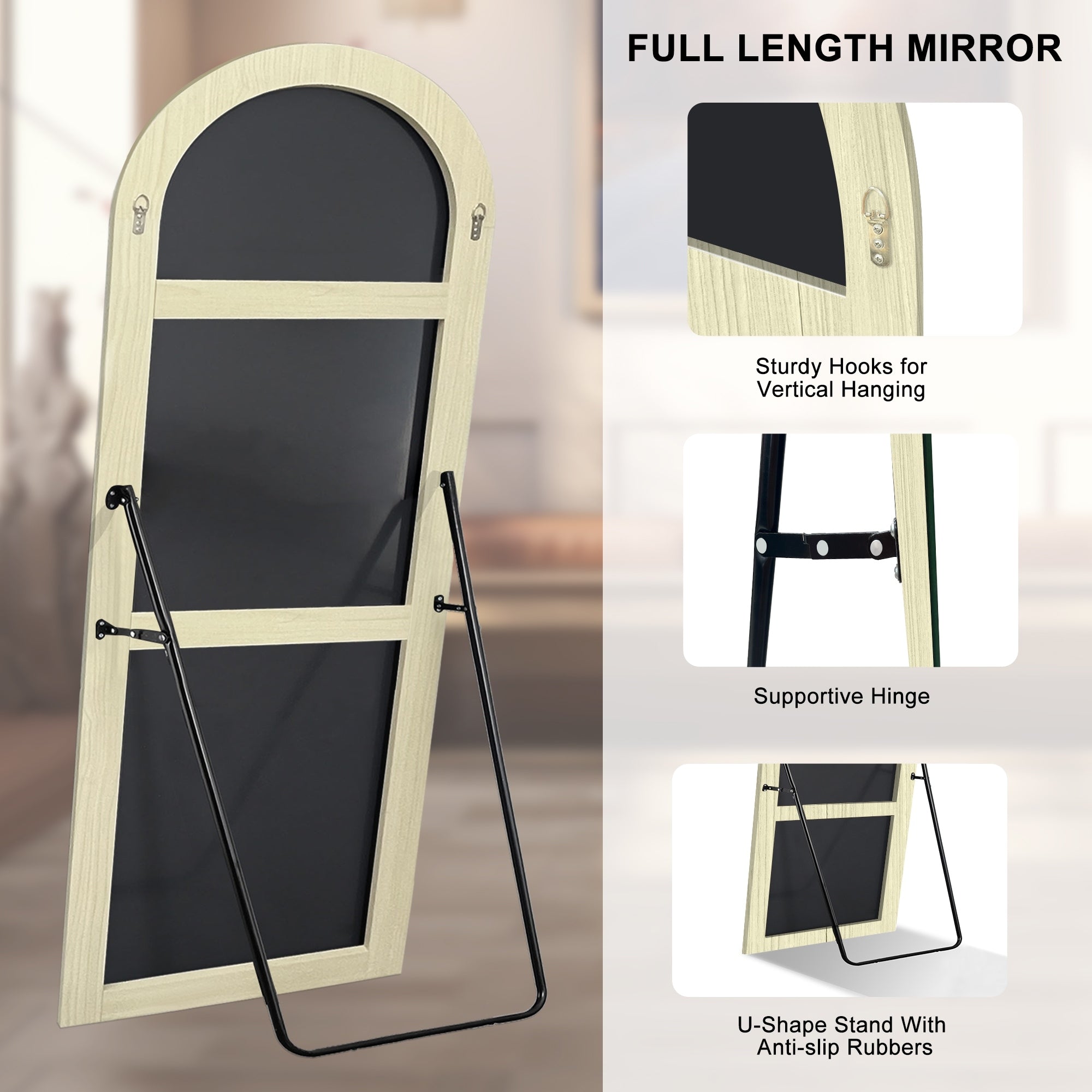 Modern Arched Full-Length Wood Floor Standing Mirror