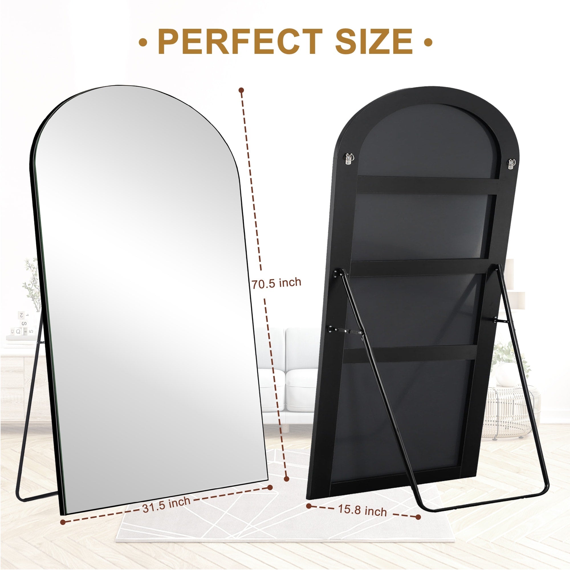 Modern Arched Full-Length Wood Floor Standing Mirror