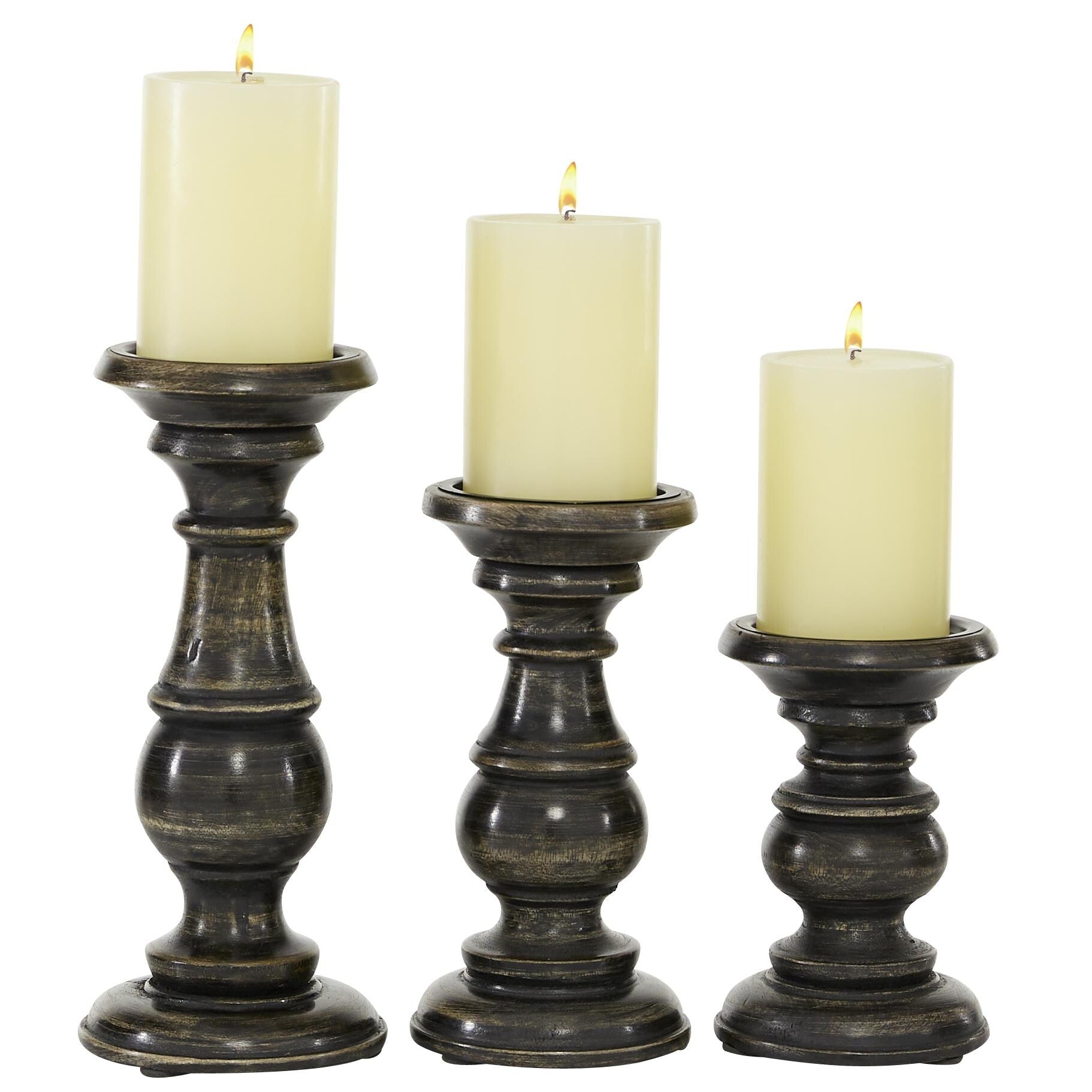 Mango Wood Turned Style Pillar Candle Holder (Set of 3) - White, Brown, Gold, Black, Light Blue, Cream, Silver