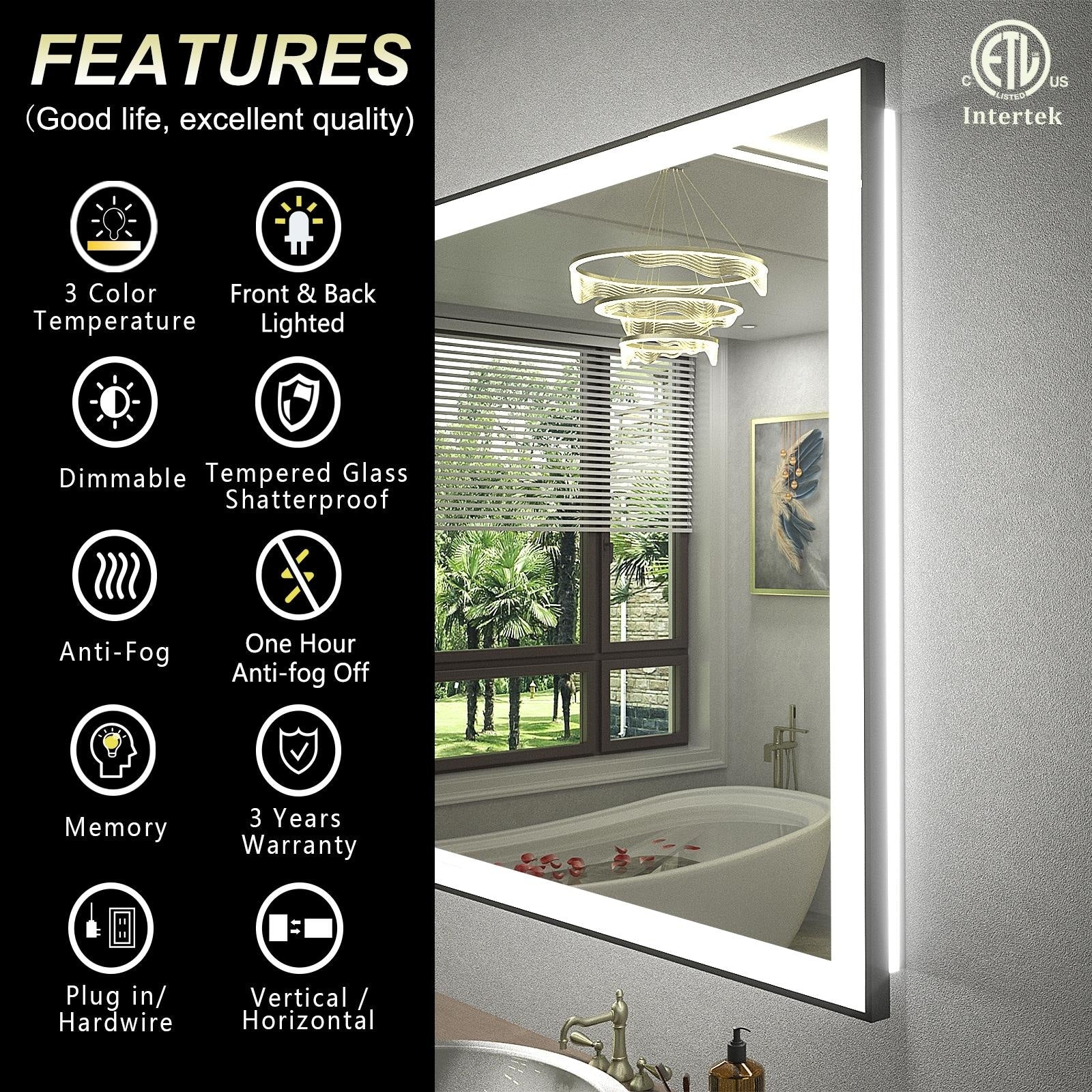 Apmir Metal Black Frame Back & Front LED Lighted Bathroom Vanity Mirror with Anti-Fog Tempered Glass